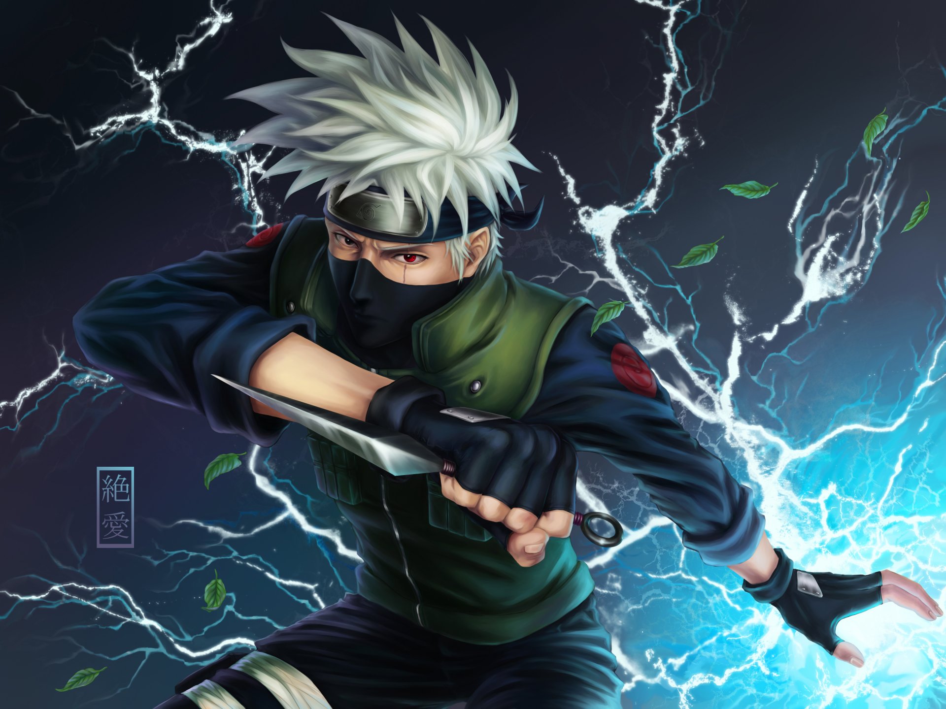 naruto hatake kakashi solo gloves leaves scar hieroglyph bandana lightning