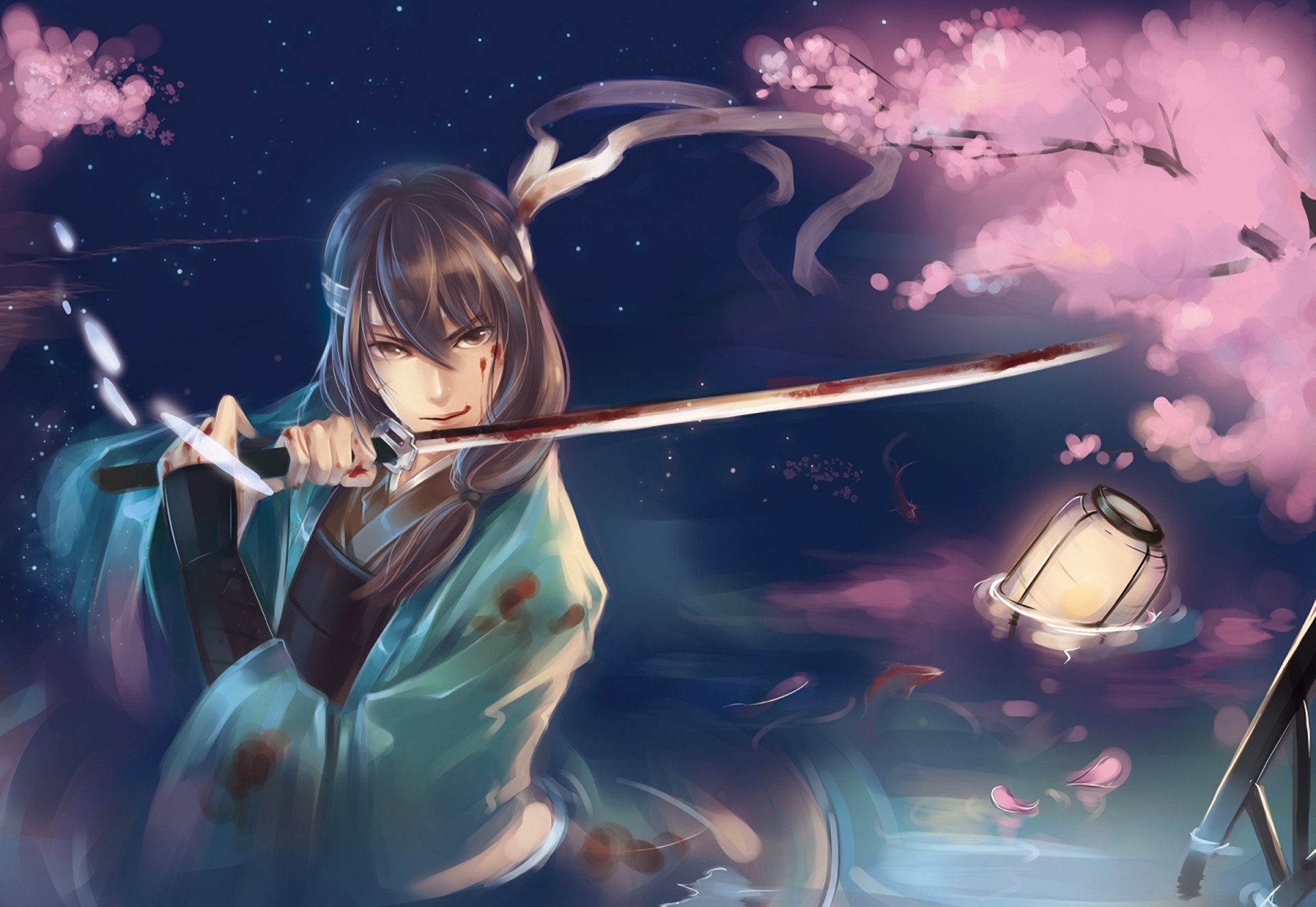 gintama katsura kotaro art raku kaki guy samurai sword light katana petals sakura water blood fish