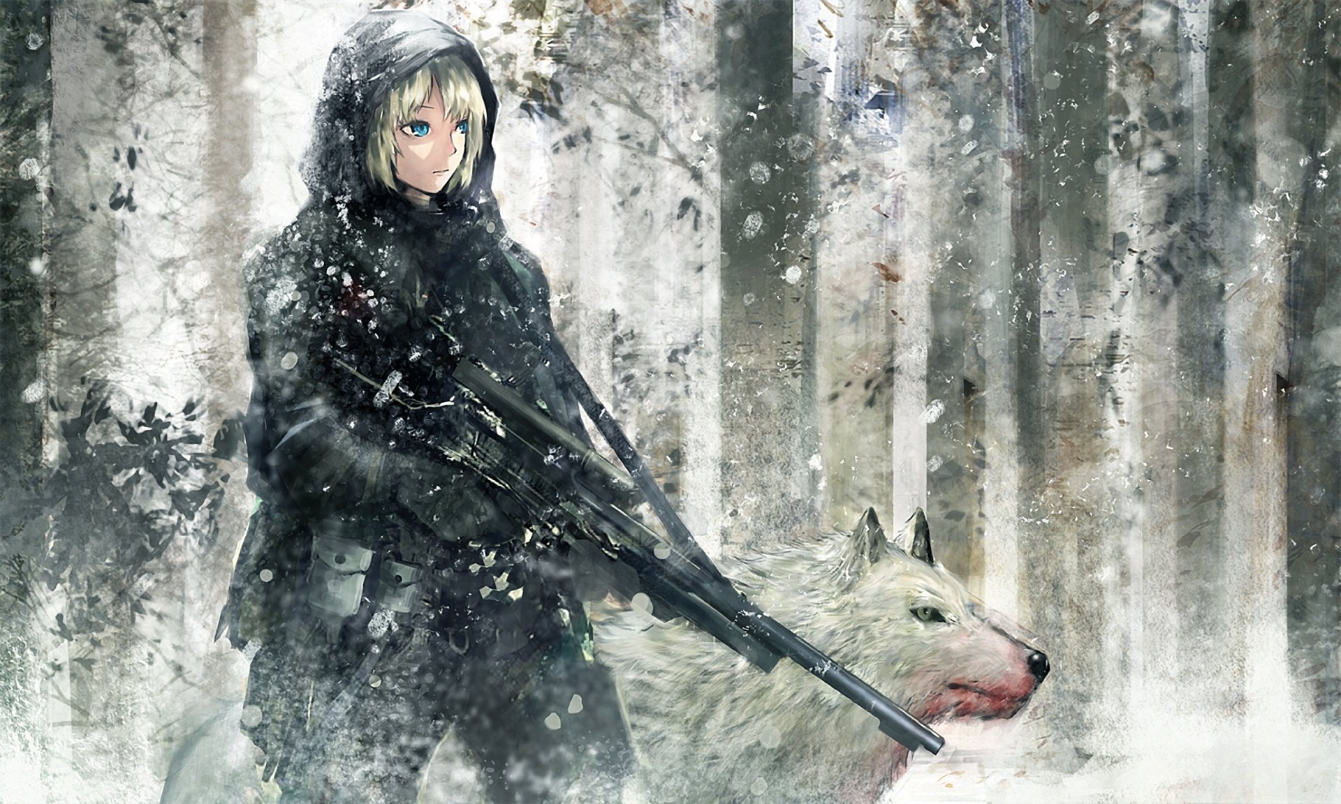 forest winter girl wolf blood machine picture