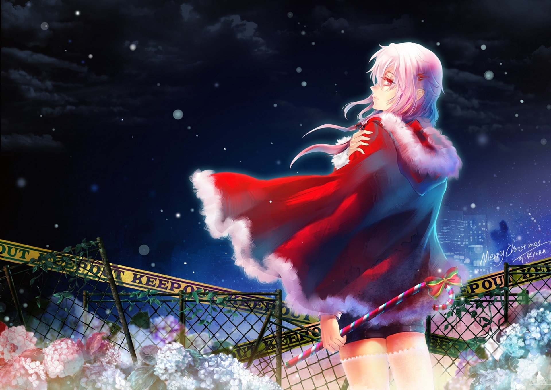 guilty crown yuzuriha inori art new year night snow girl coat cloak flower hydrangea fence grille town