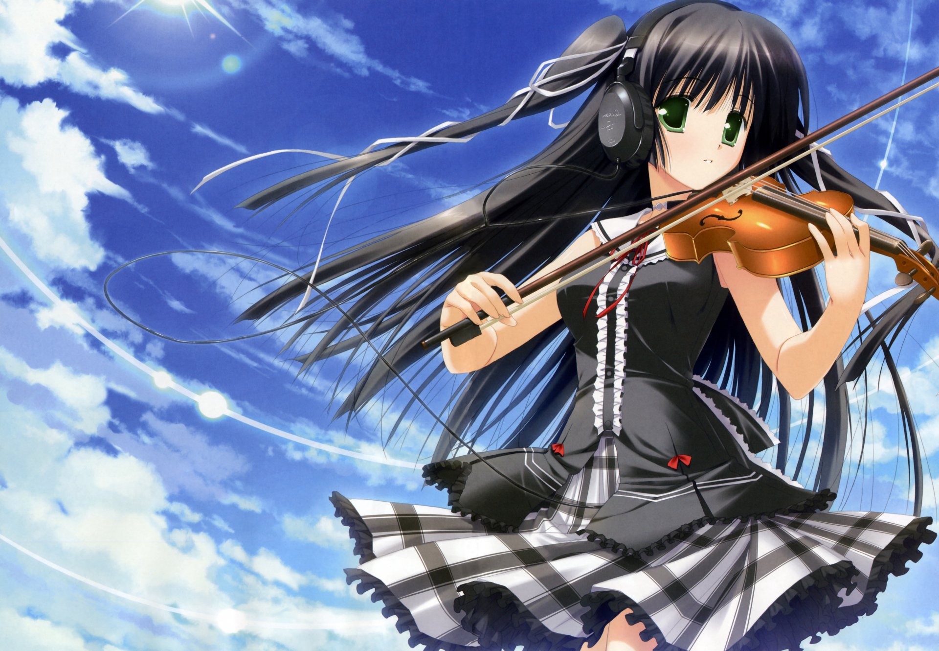 anime girl form violin headphones sky view