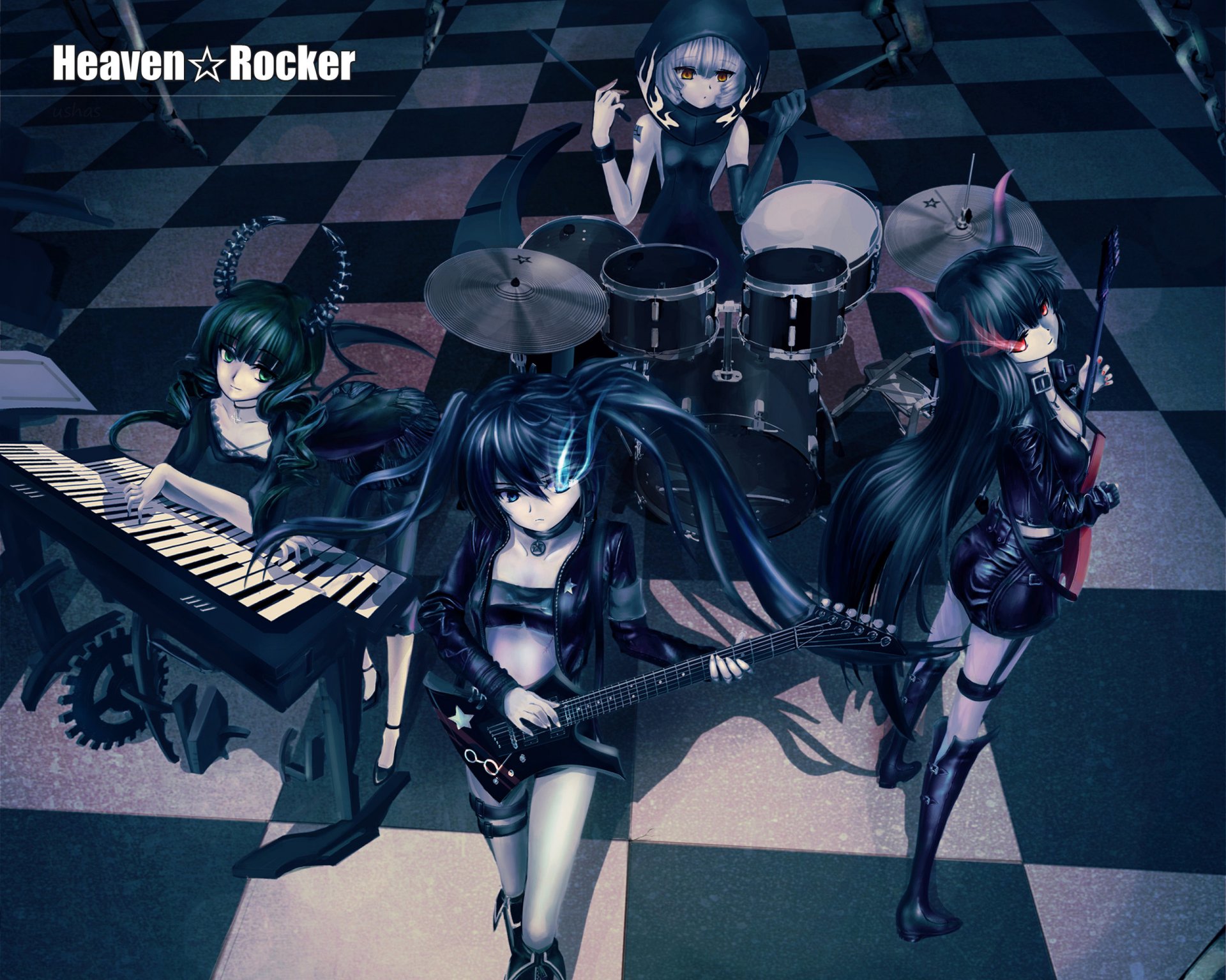 anime black rock shooter black rock shooter mato kuroi takanashi yomi zmarł mistrz yuu wytrzymałość czarne złoto piła dziewczyny zespół