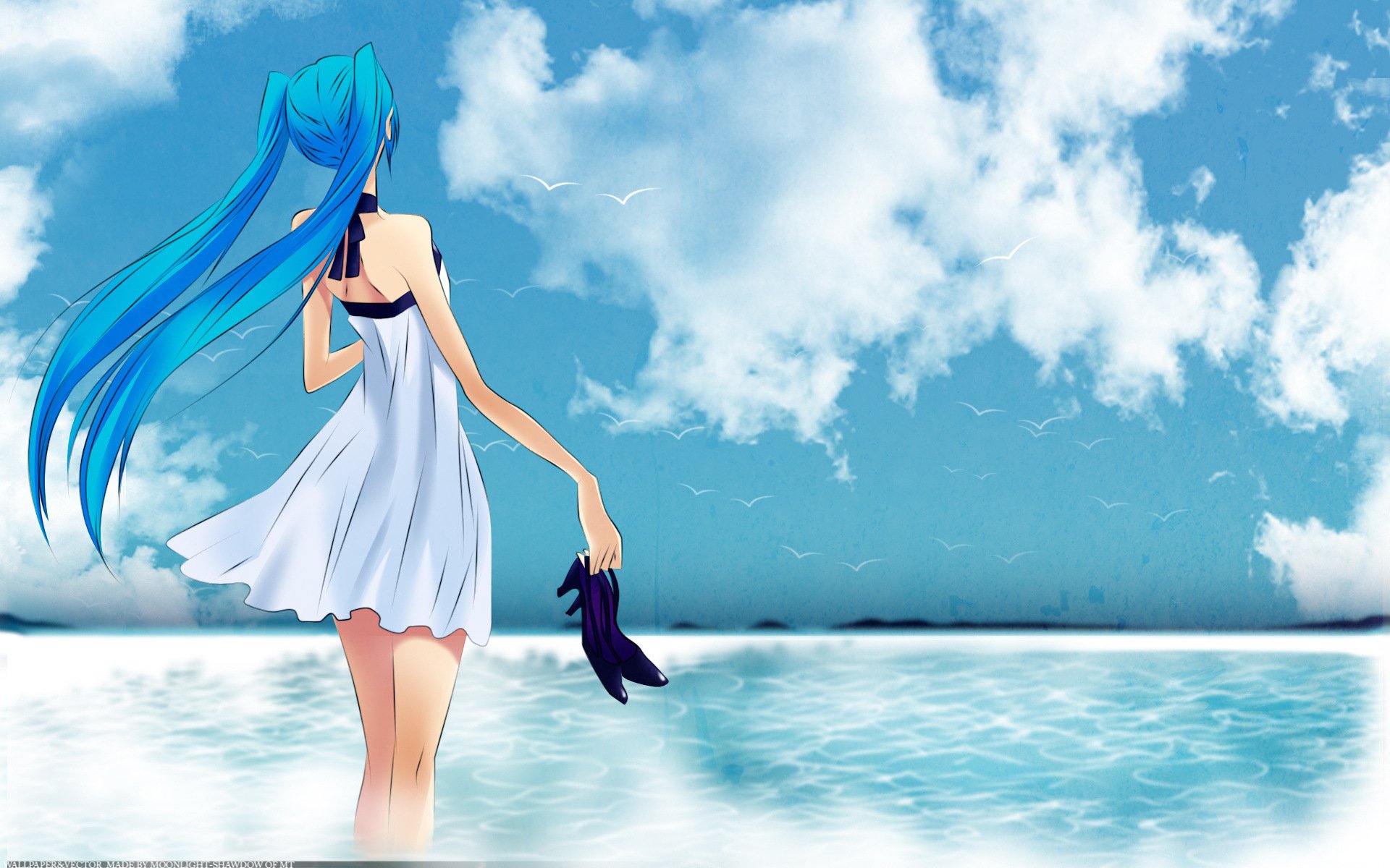 vocaloid girl sea shoes sky birds hatsune miku