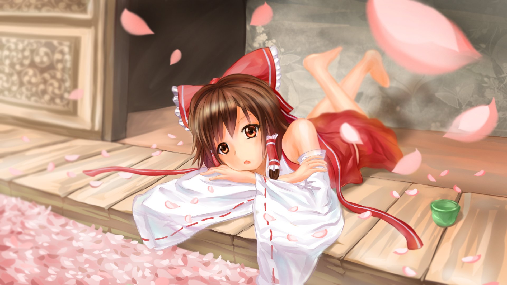 touhou hakurei reimu chica sakura pétalos arco se encuentra