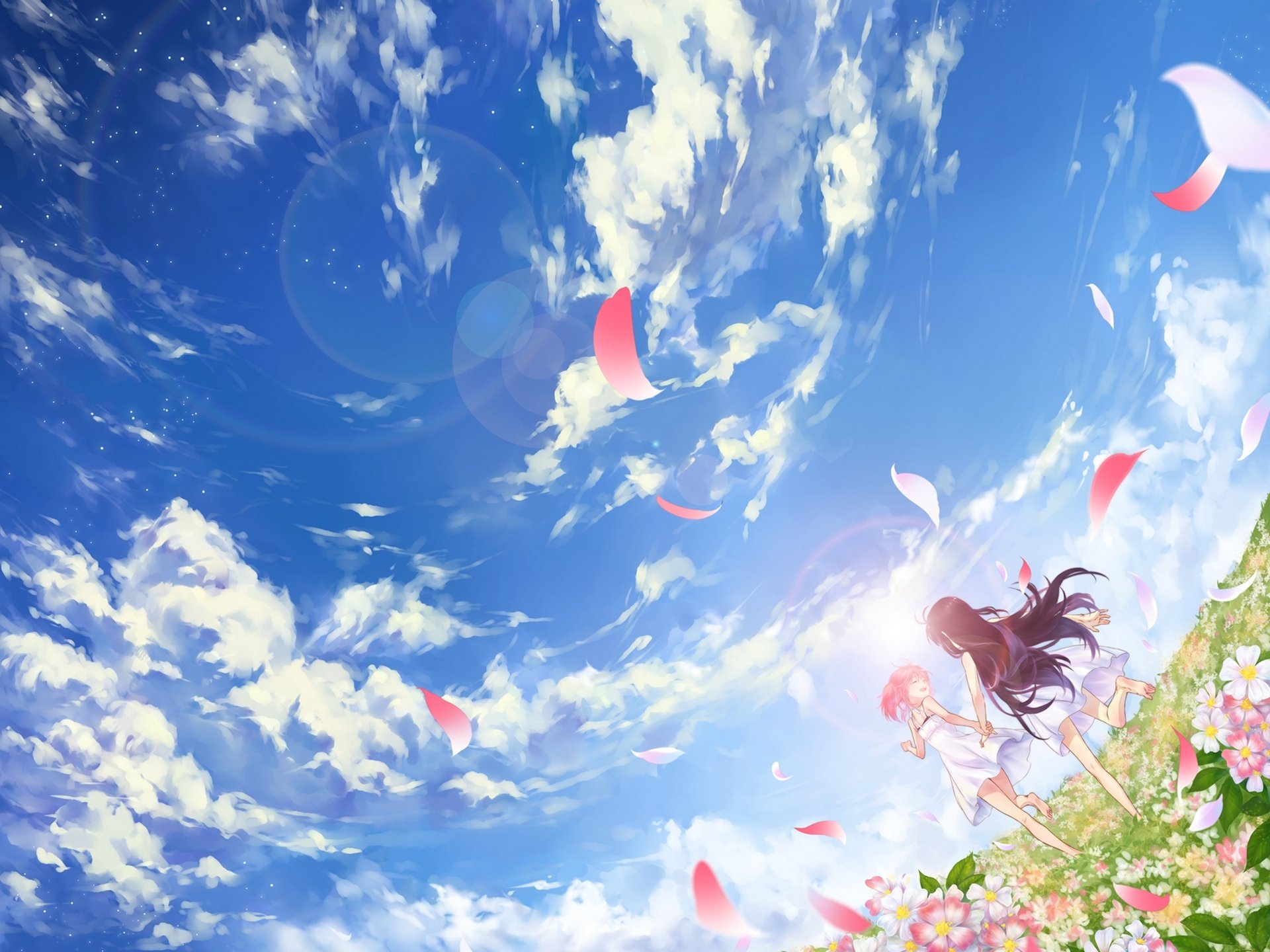 mahou shoujo madoka magika akemi homura kaname madoka langes haar kurzes haar offener mund lächeln rosa haar zwei mädchen blumen geschlossene augen himmel wolken barfuß blütenblätter hände halten sommerkleid feld