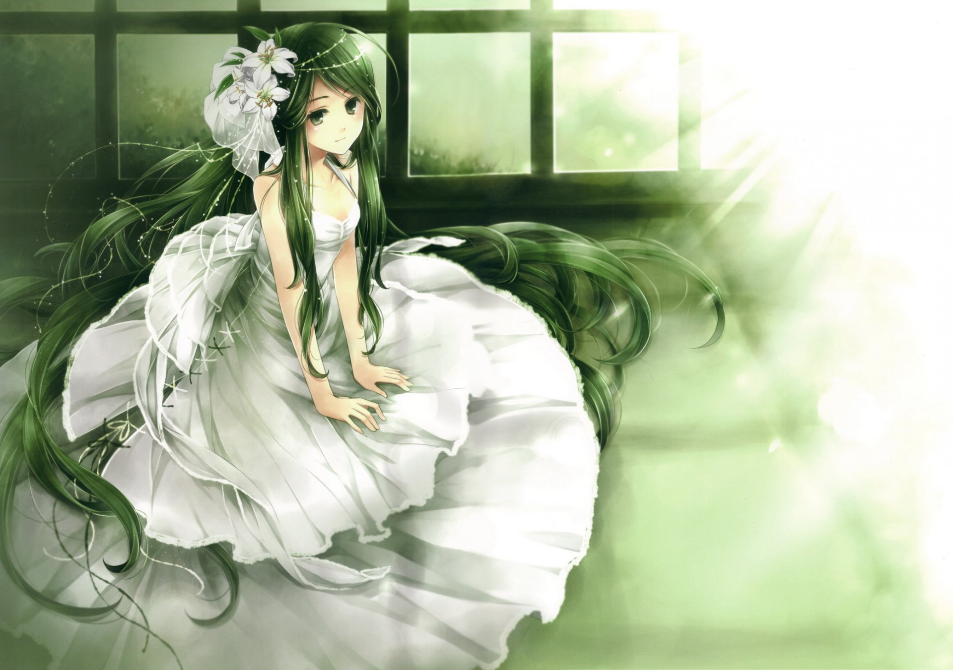 dress girl bride green hair flower light