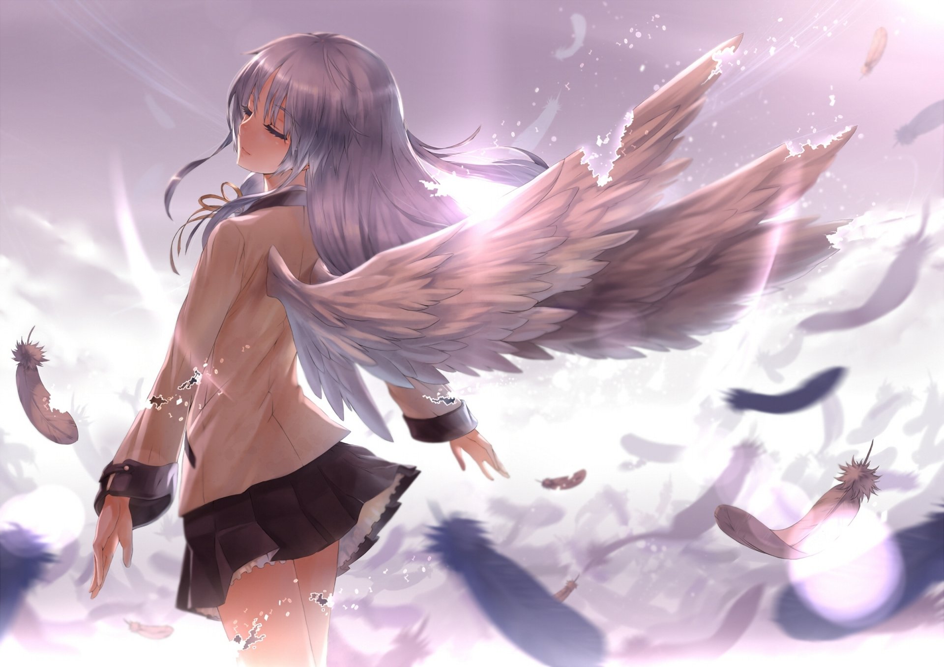 angel beats татибана kanade девушка ангел крылья перья свет