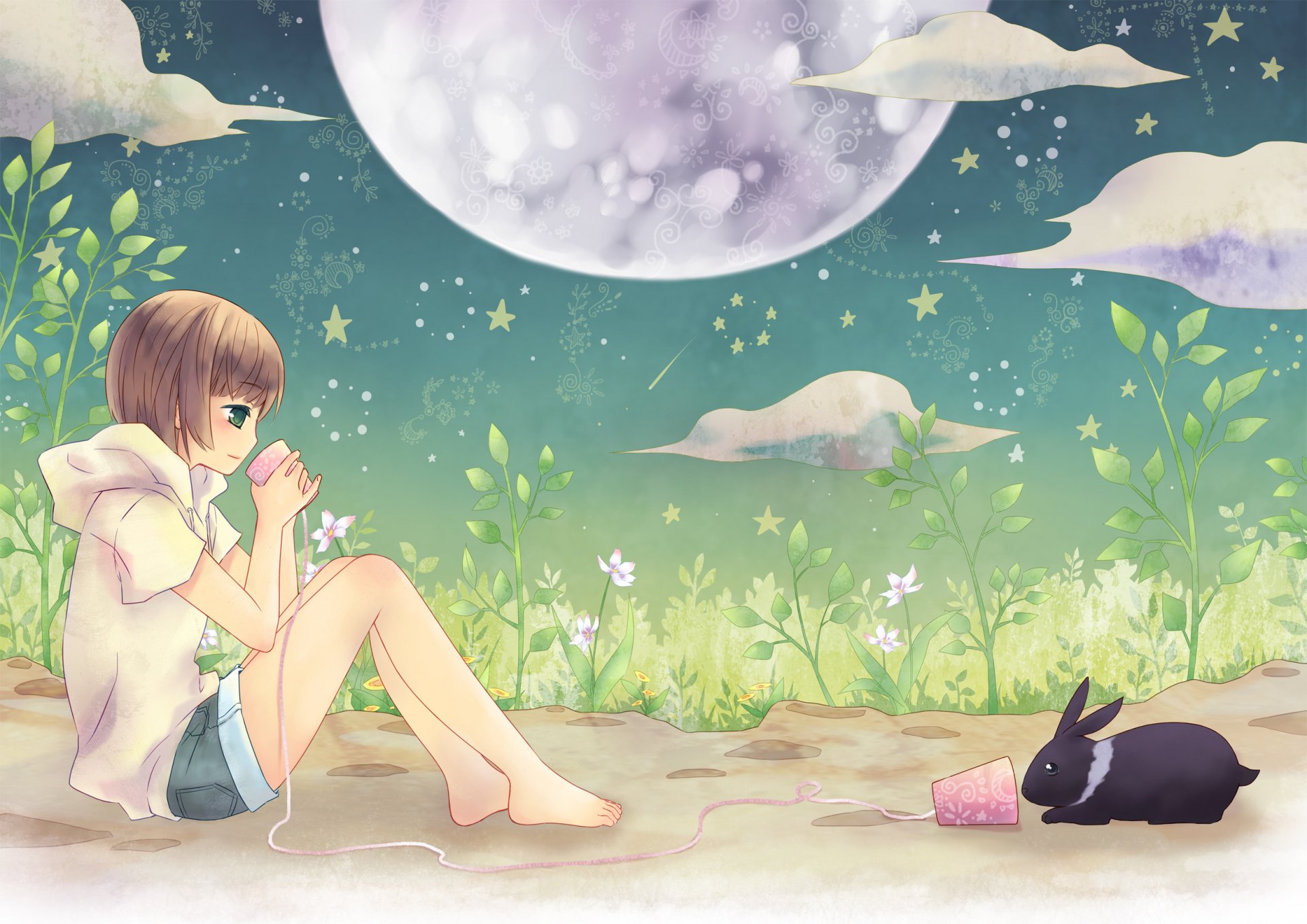 anime nuit lune été fille lapin amis humeur conversation téléphone deux