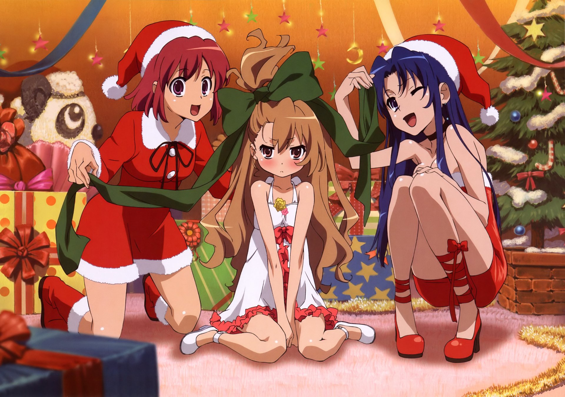 toradora aisaka taiga kawashima ami kushieda minori girls holiday new year suits christmas tree gifts bow emotion