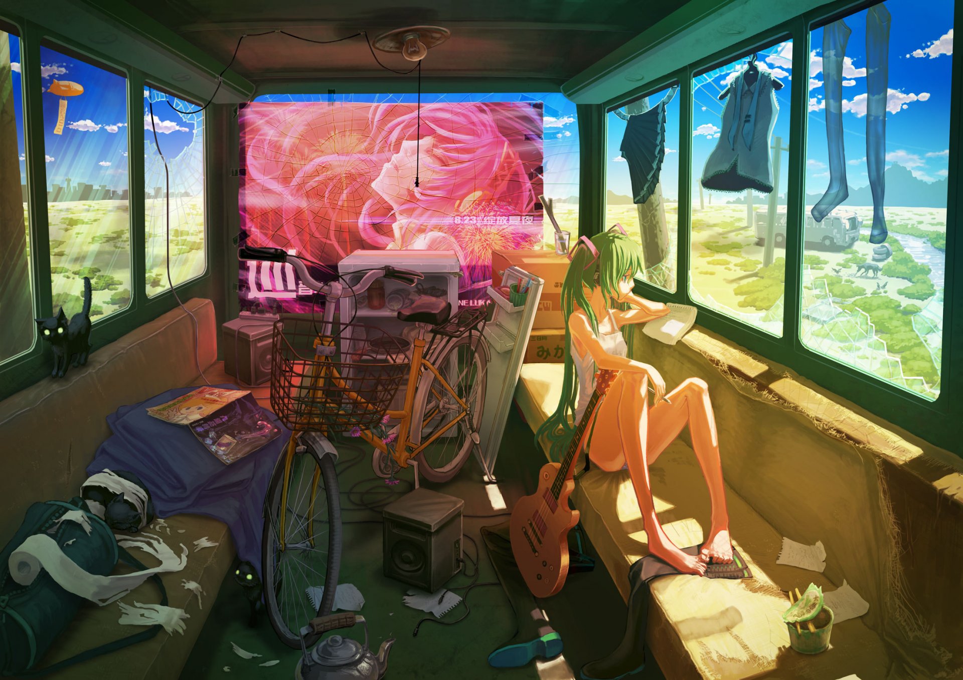 hatsune miku vocaloid mädchen gitarre fahrrad kleidung bus katze reise