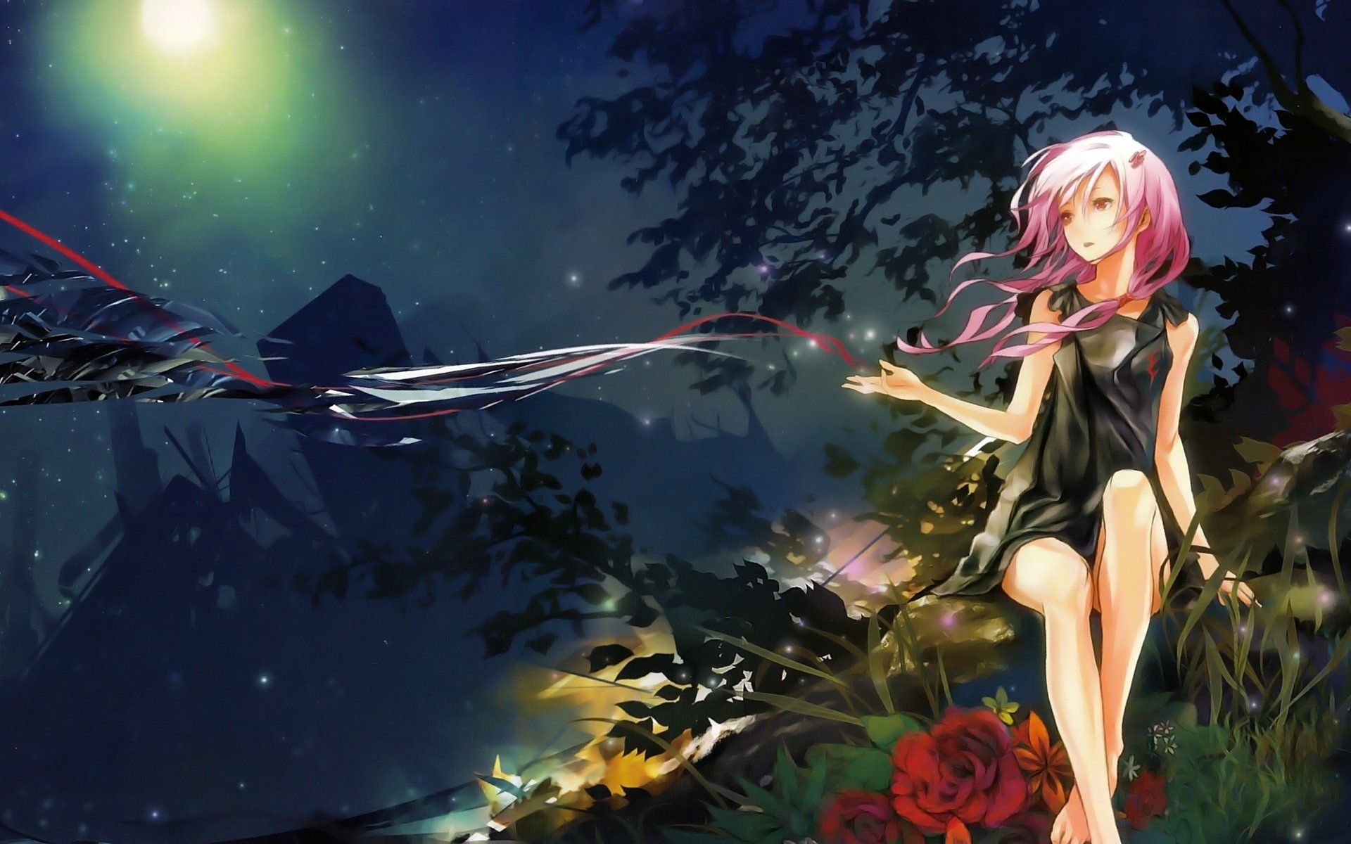 anime girl guilty crown inori yuzuriha flower night view