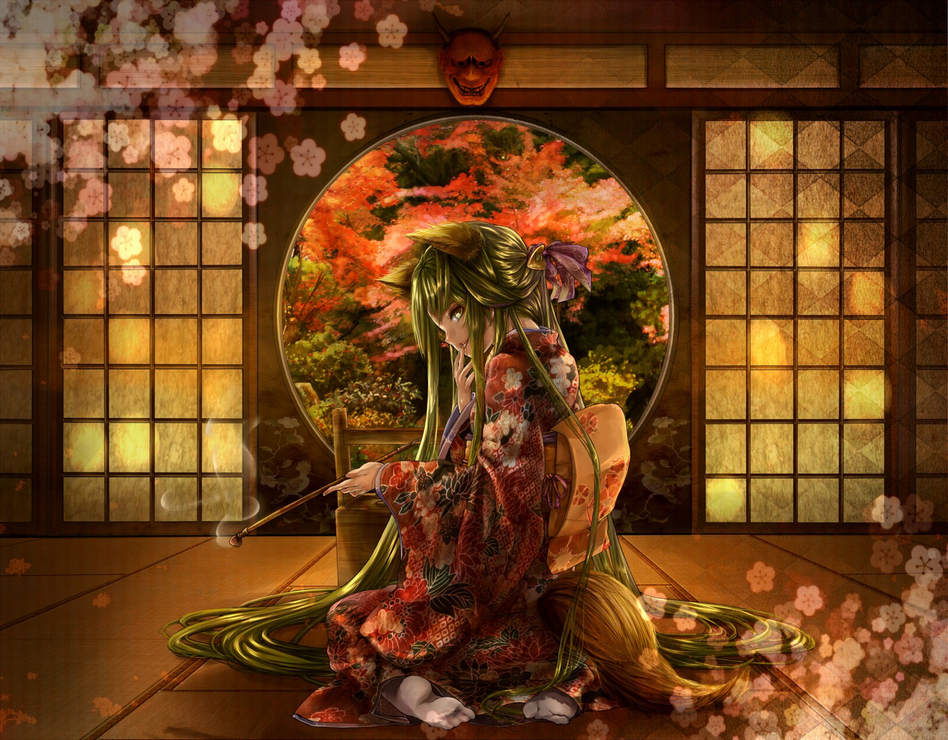 girl long hair animal ears flower japanese clothes sitting cherry blossoms mask smoke tube