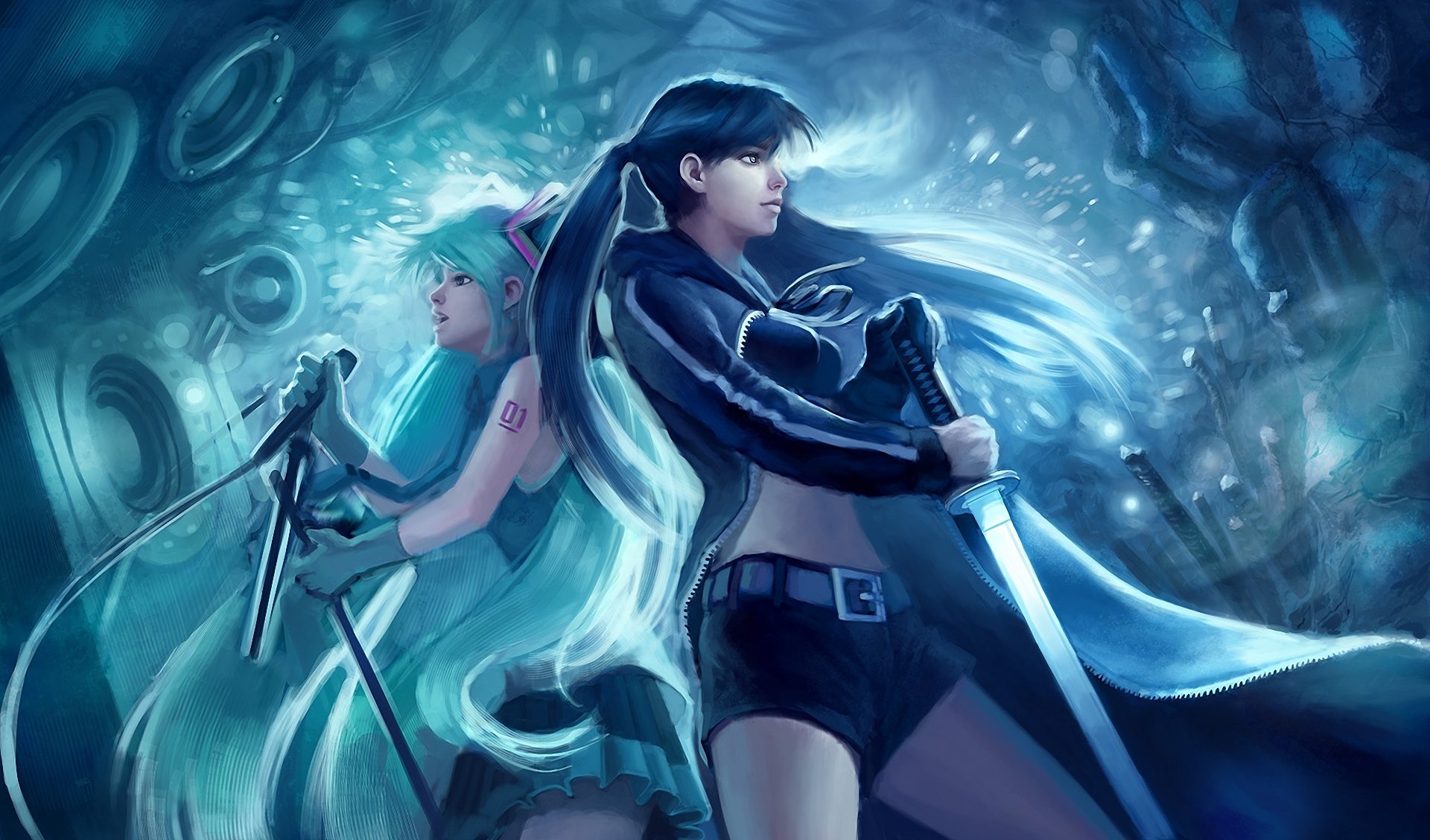 black rock tiratore vocaloid hatsune miku mato kuroi ragazze katana spada microfono