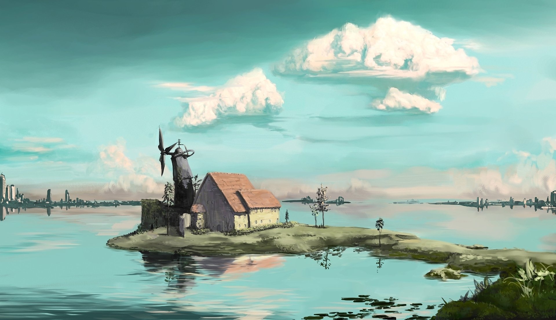 art landscape lake house mill construction tree cloud