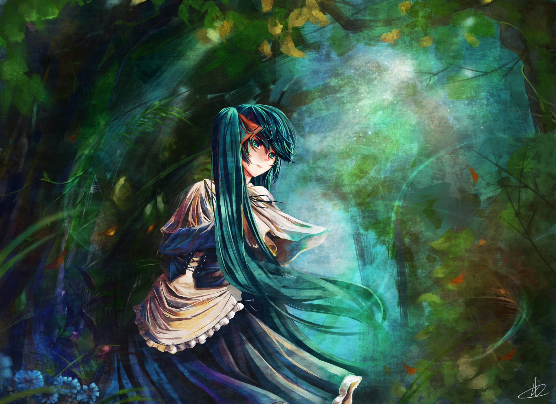 hatsune miku vocaloid cheveux bleus forêt anime