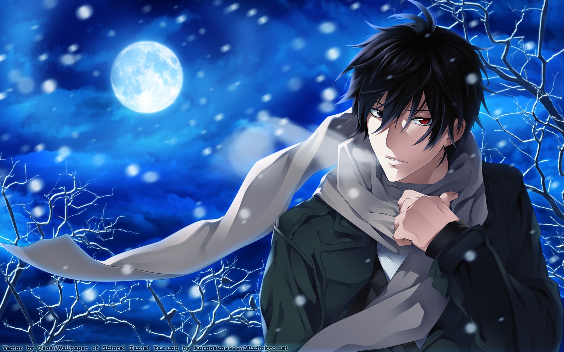 anime psychic detective yakumo garçon écharpe nuit neige lune