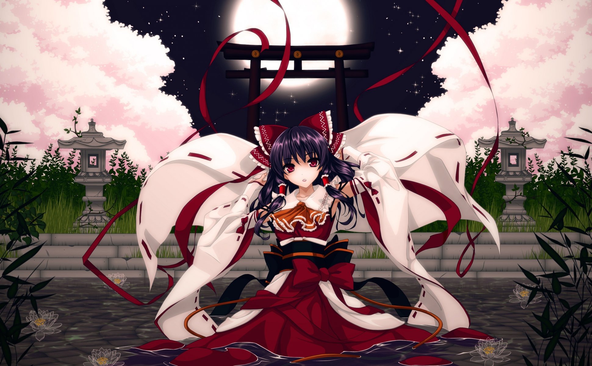 art cilou touhou hakurei reimu fille nuit lune eau étang nénuphars porte sakura ruban