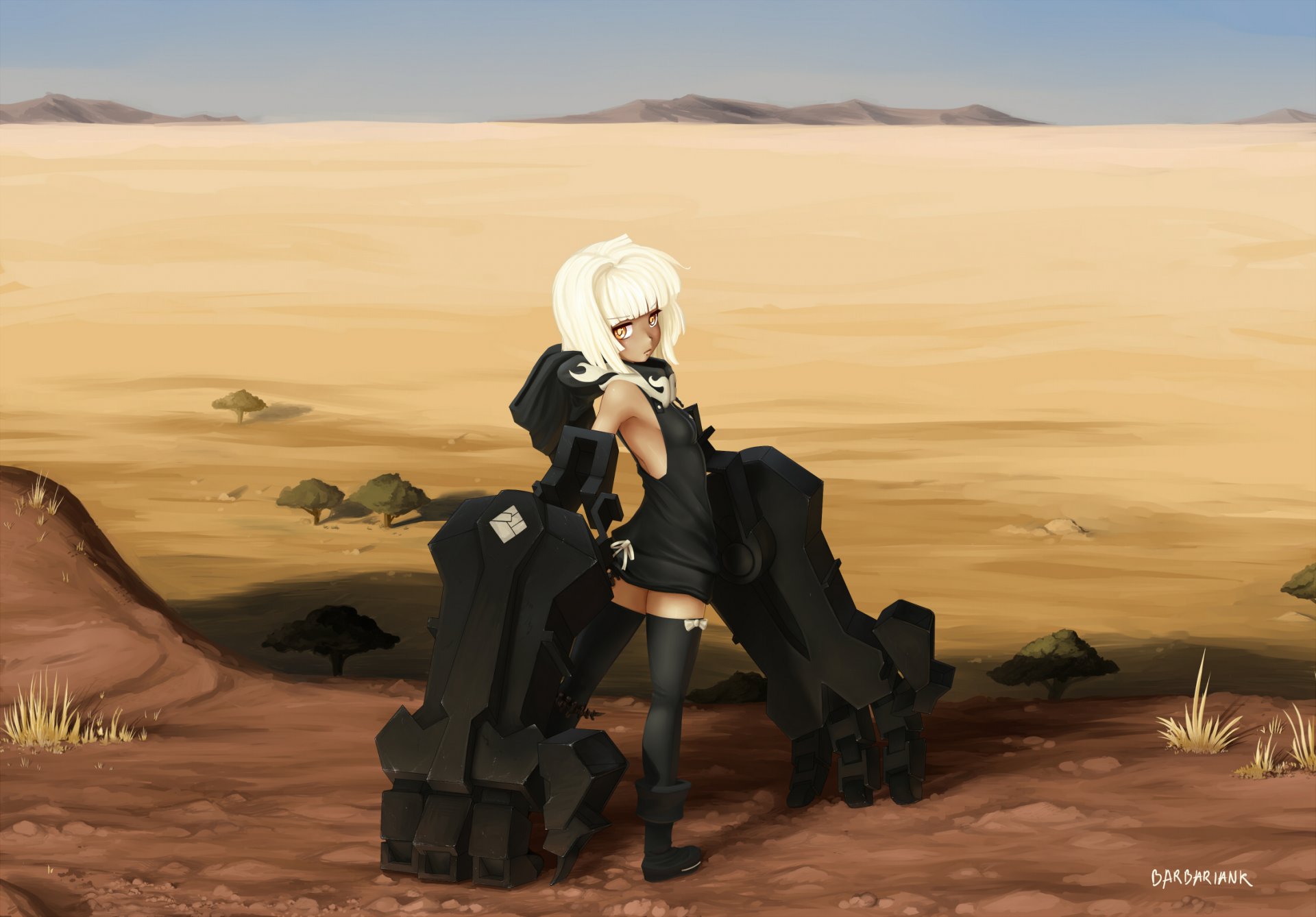 art black rock shooter girl hands metal weapon desert sand stocking