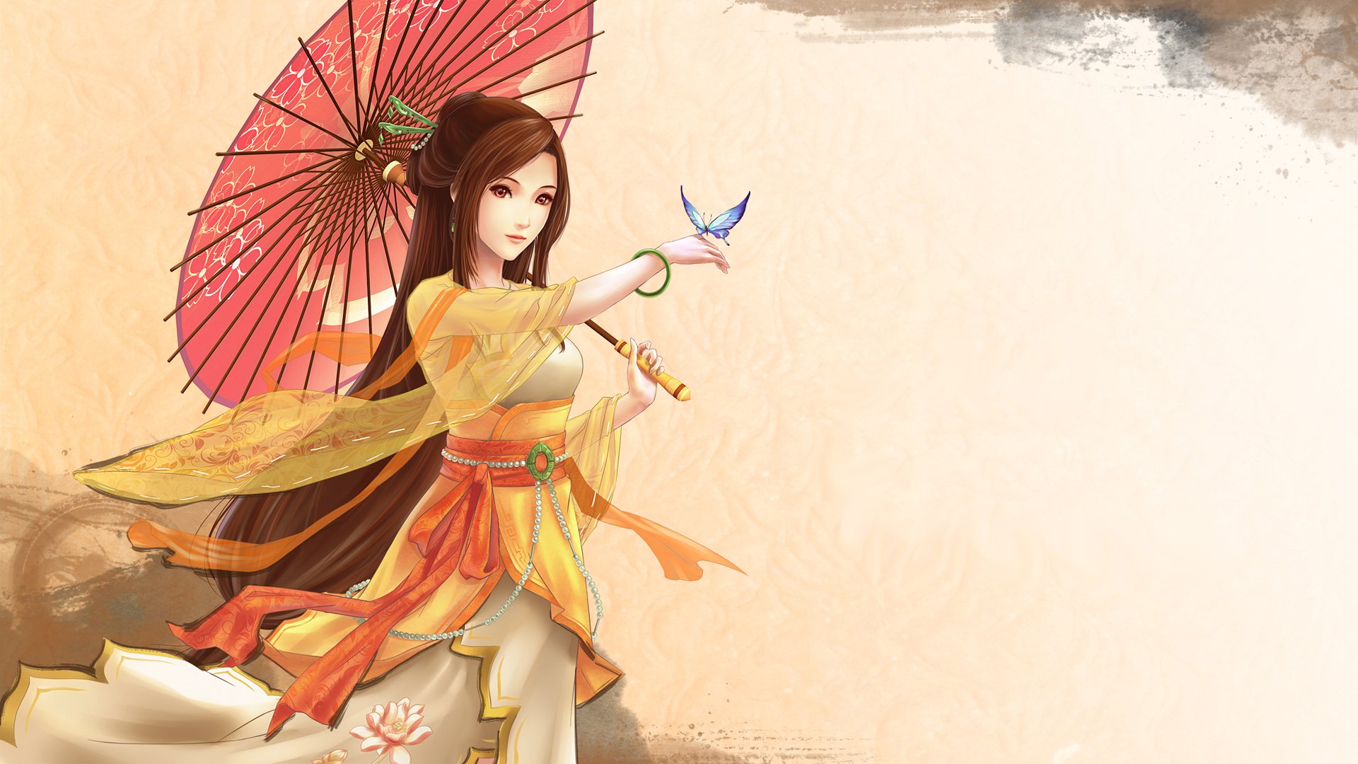 girl long hair widescreen highres brown hair solo brown eyes umbrella butterfly bracelet realistic rakuhei artist