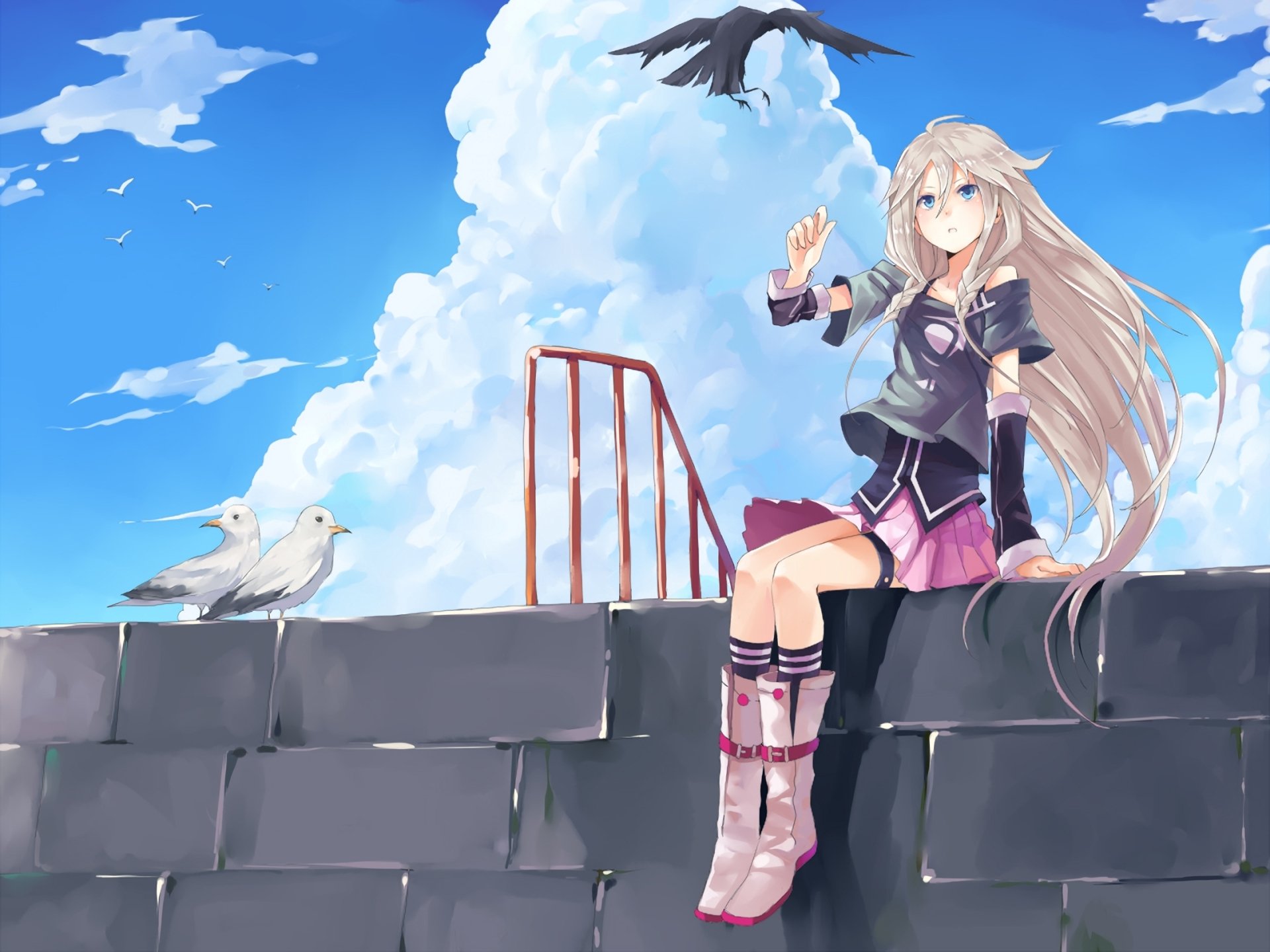 vocaloid ia niña pájaros cuervo gaviotas pared nubes