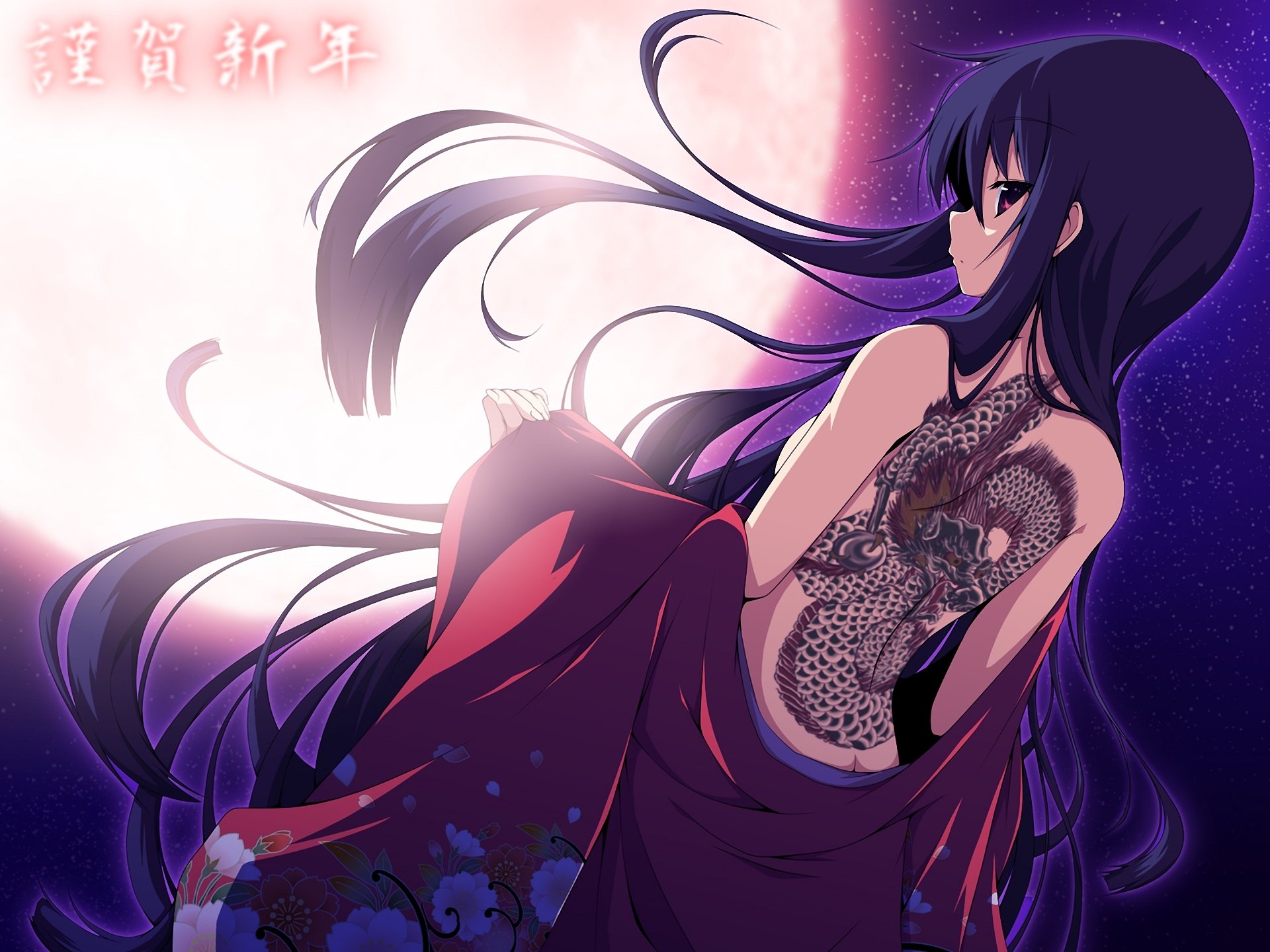 arte ragazza luna notte tatuaggio tatuaggio drago kimono