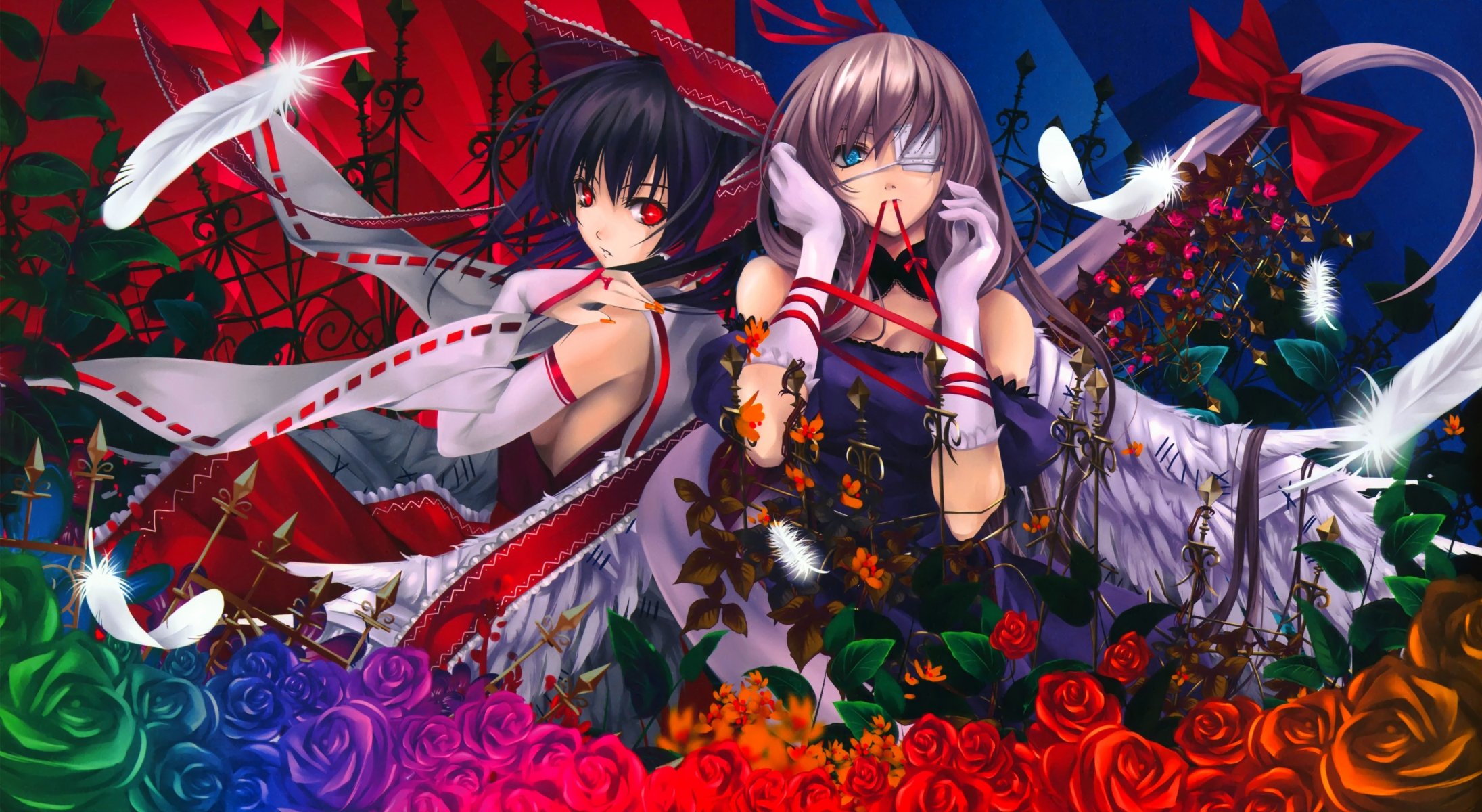 art misaki kurehito touhou hakurei reimu yakumo yukari girls flower roses bandage feathers bow belt