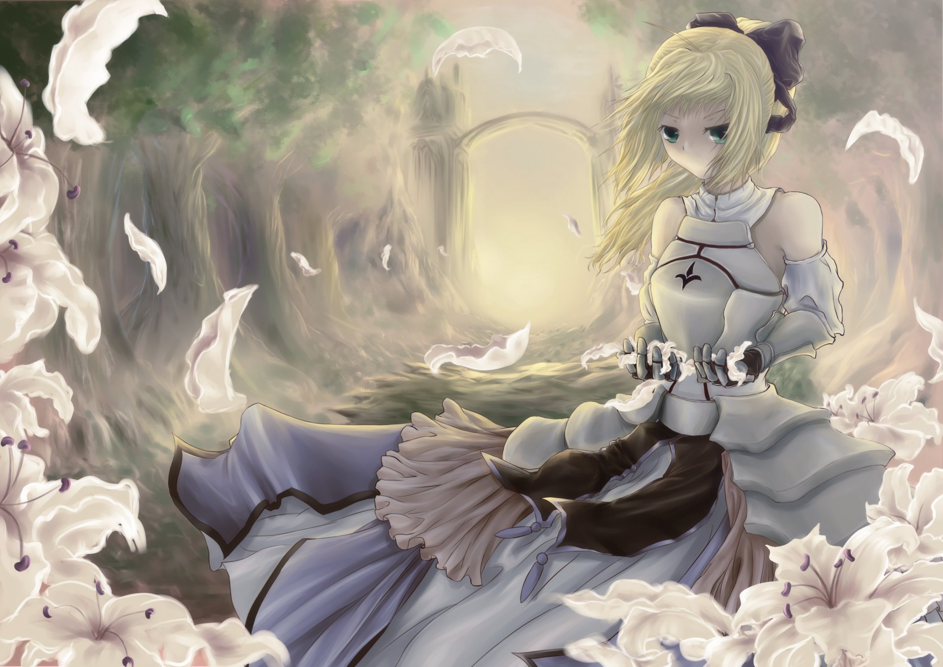 fate stay night fate zero saber lily girl lilies flower bow forest tree arch petal