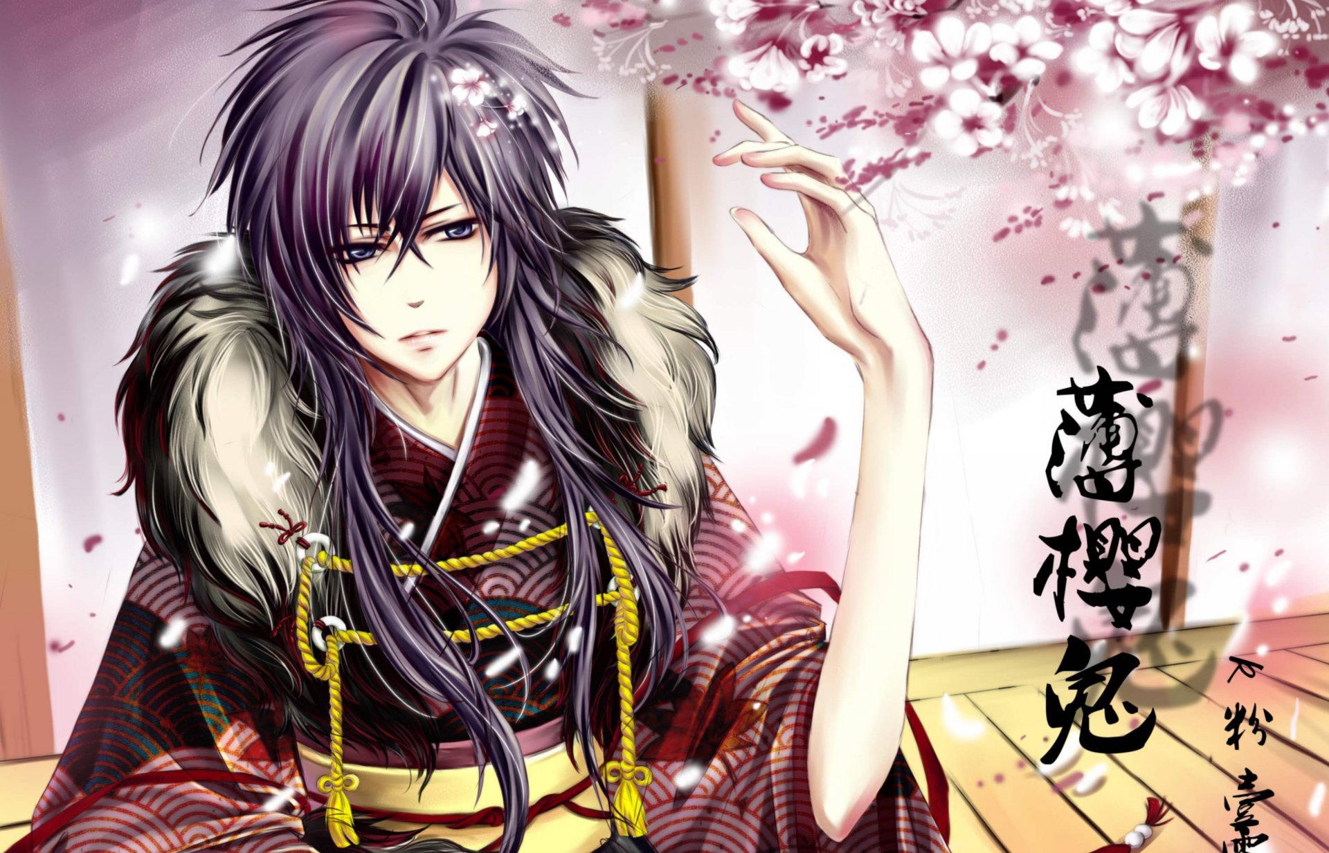 hakuouki saito hajime démons de sakura pâle saito samouraï gars fleurs sakura hiéroglyphes