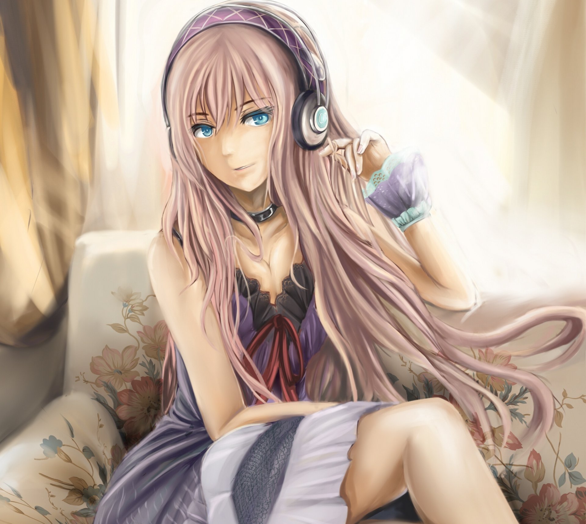 kunst cj mann megurine luka vocaloid mädchen kopfhörer sofa