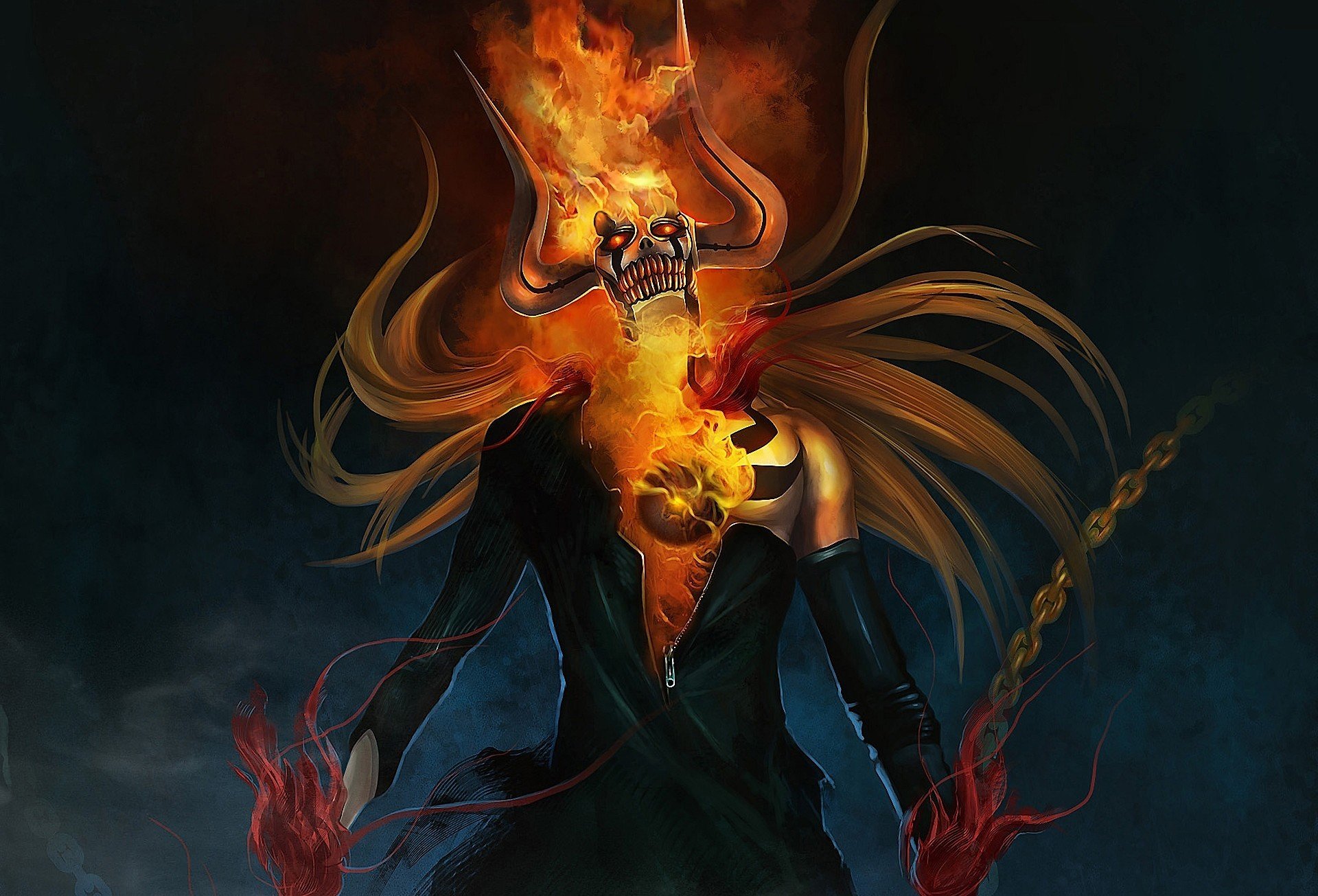 arte tsart68 lejía ichigo kurosaki cráneo cuernos fuego cadenas