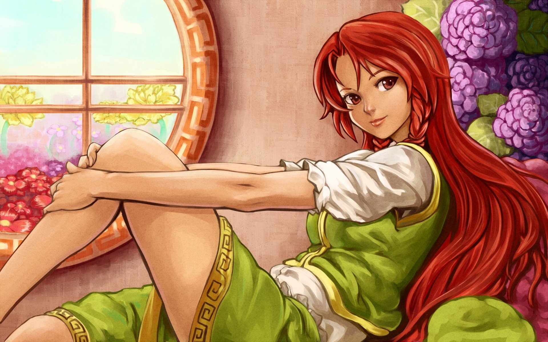 art shiba murashouji touhou hong meiling fille rousse fleurs hortensia fenêtre