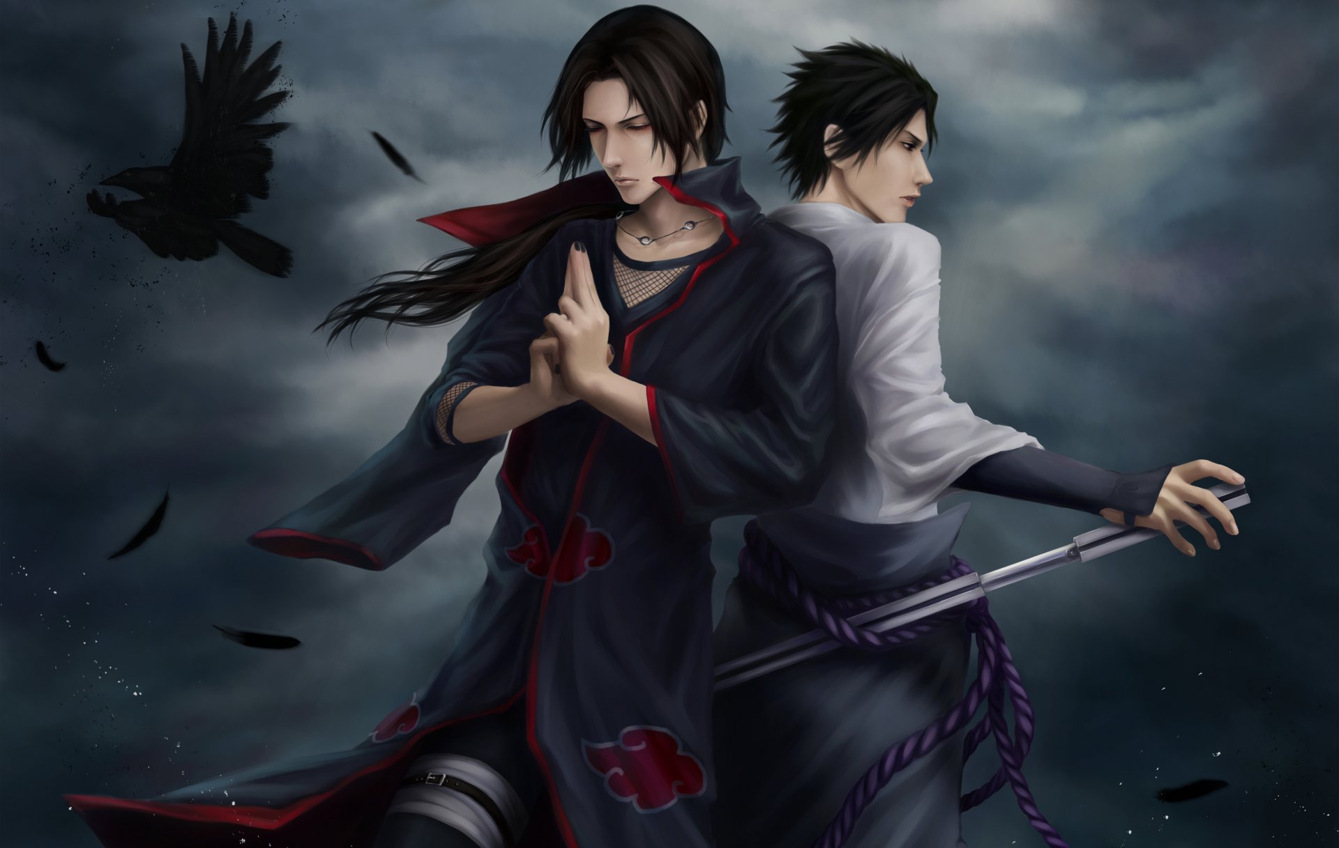 art zetsuai89 naruto uchiha itachi sasuke ninja raven feathers katana cloud