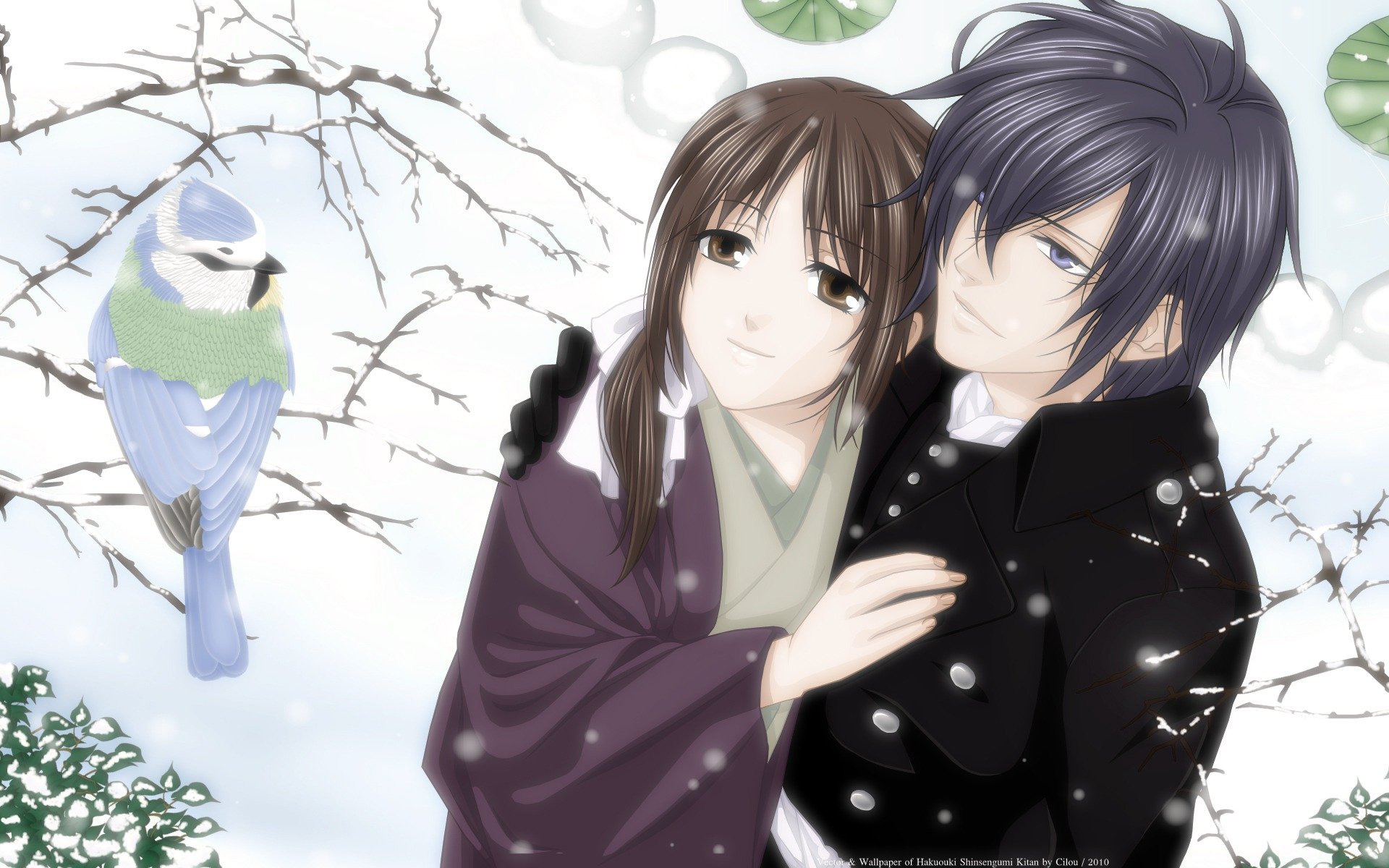 hakuouki shinsengumi kitan saito hajime kanako yukimura pareja chica chico invierno nieve pájaro árbol