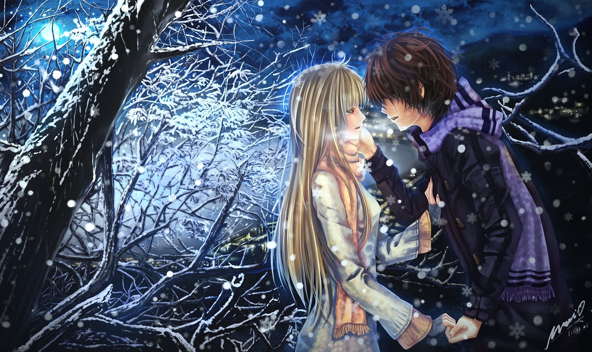 art the pair girl guy snow emotions tears scarf tree moon night