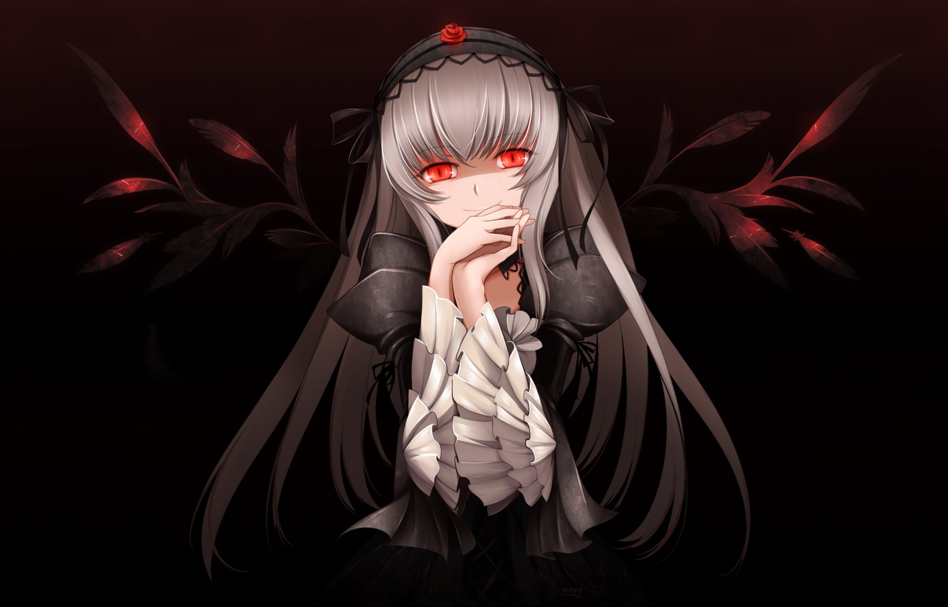 kunst mtyy rozen maiden suigintou mädchen dunkler hintergrund flügel federn rote augen