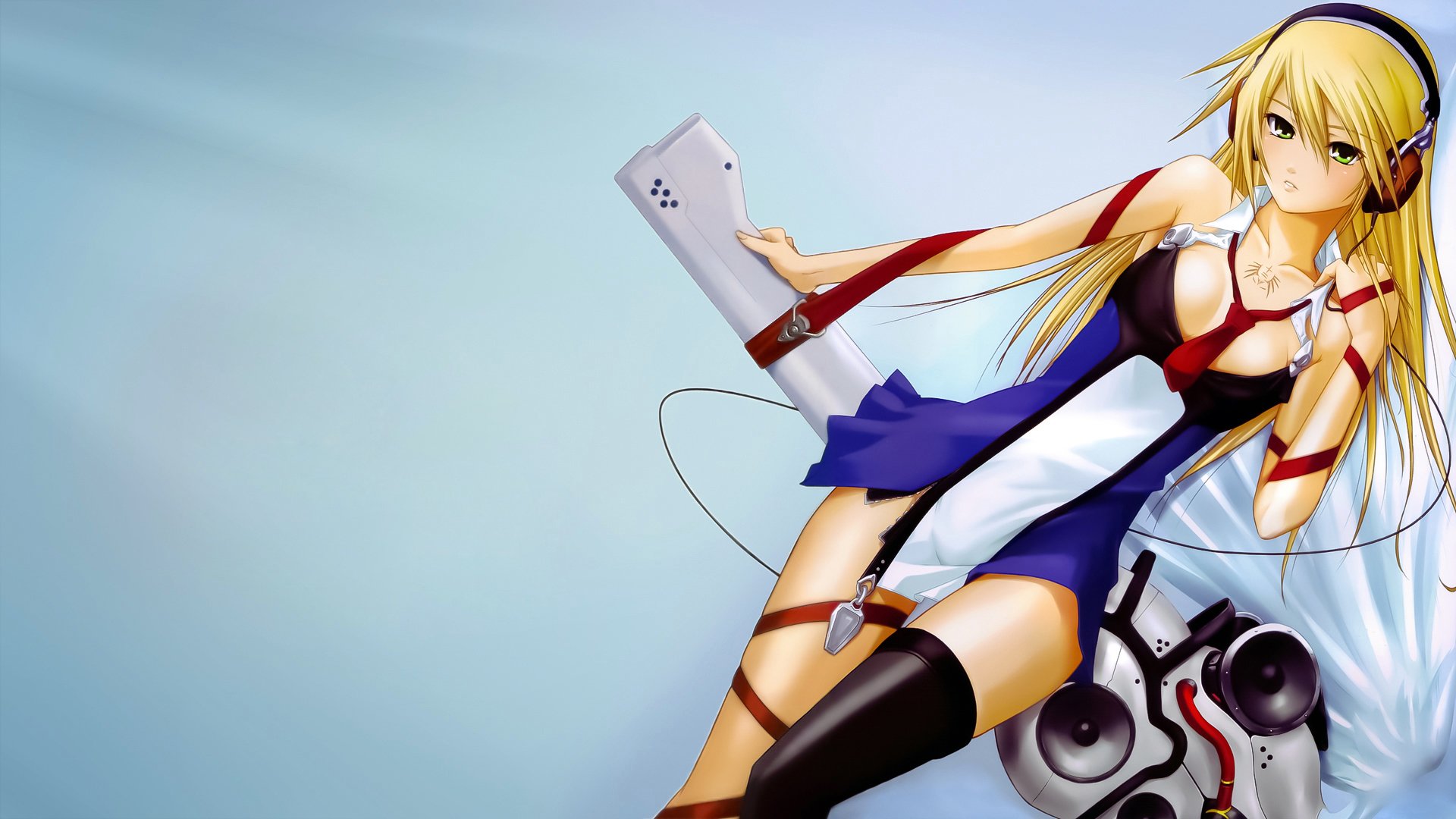 blazblue noel escarlata chica auriculares corbata tatuaje cinta rubia altavoces