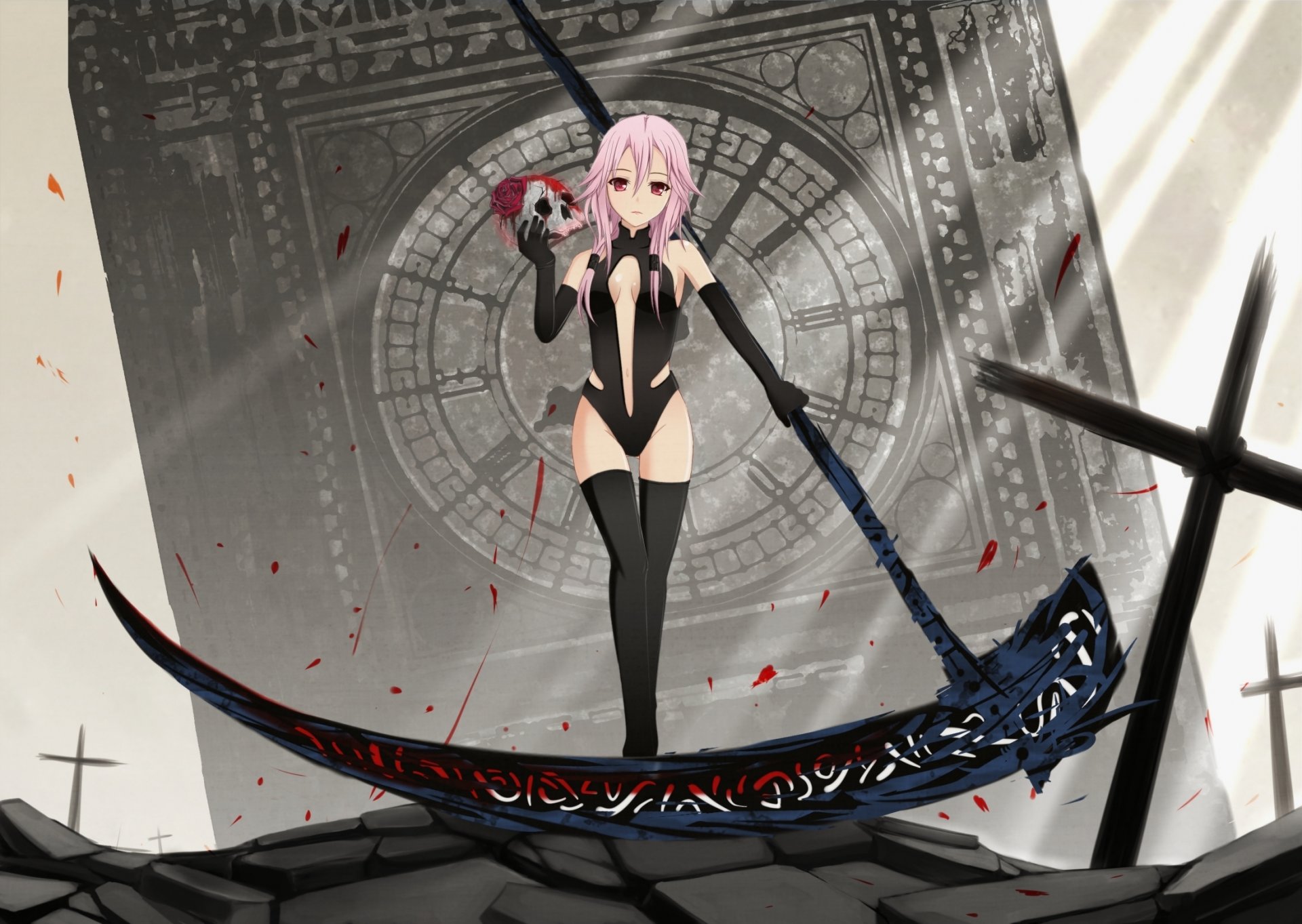 corona culpable yuzuriha inori chica trenza arma cráneo rosa cruz reloj big ben