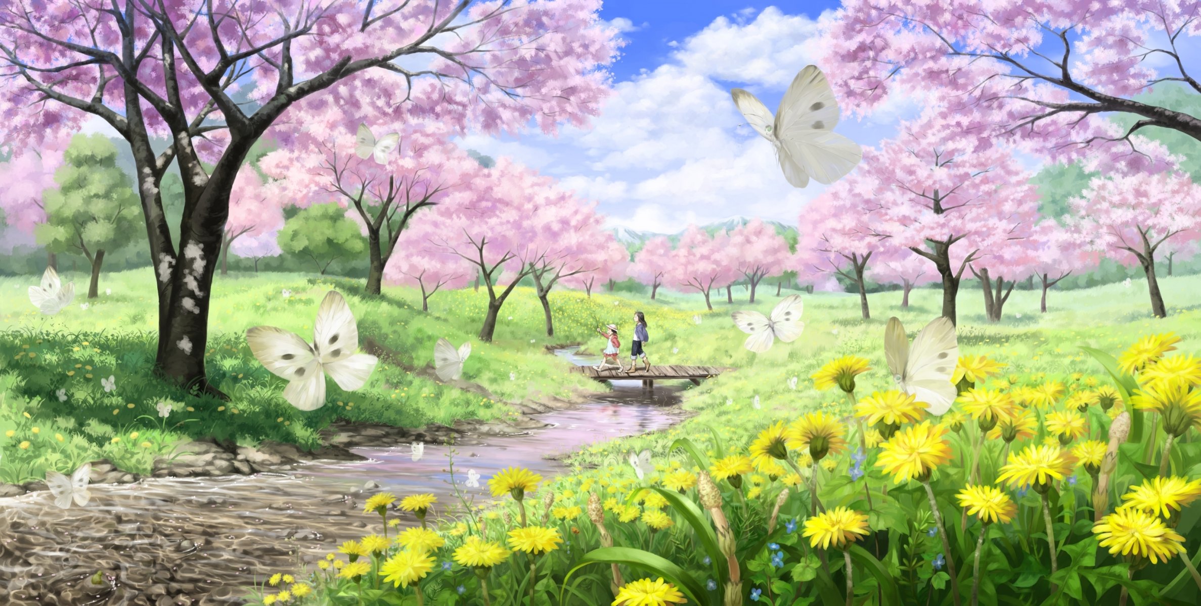 kunst imaoka landschaft frühling sakura fluss fluss bach brücke mädchen schmetterlinge löwenzahn spaziergang