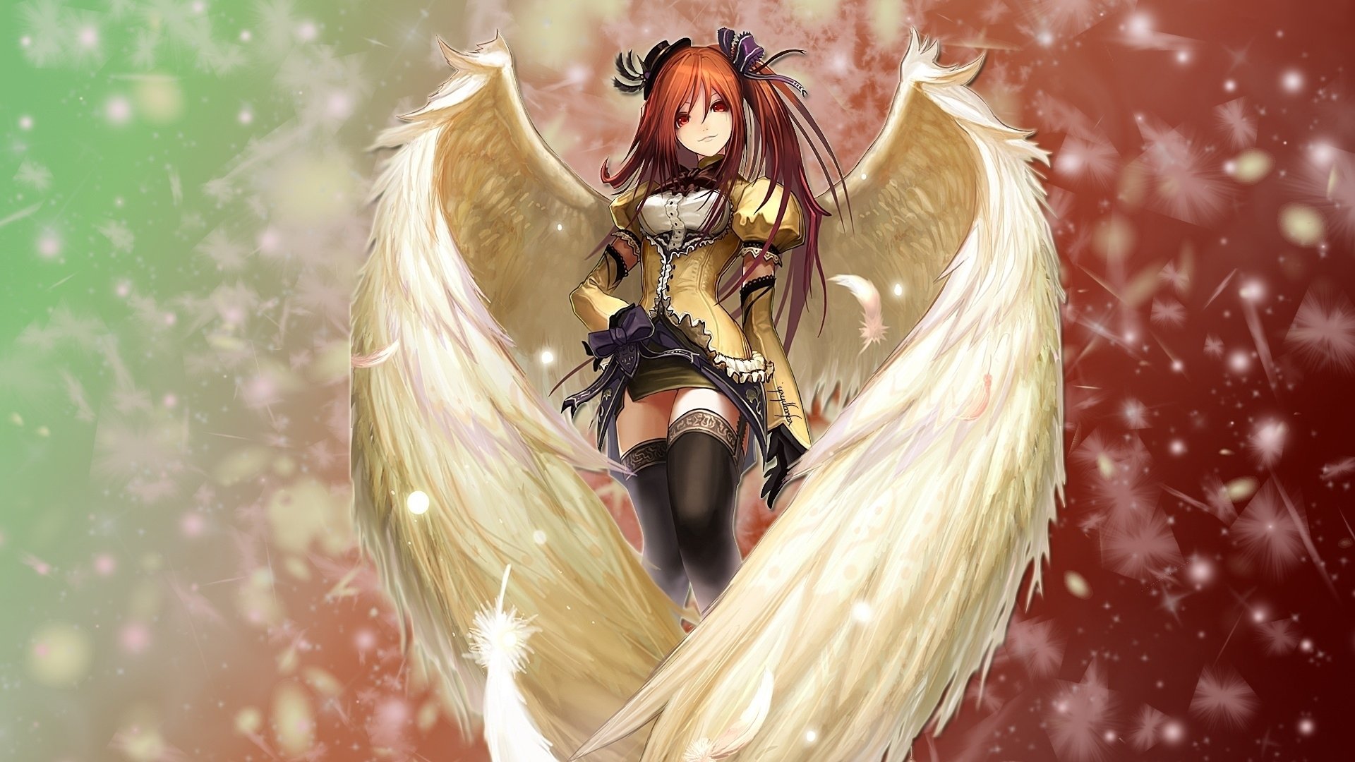 girl red angel wings feathers light