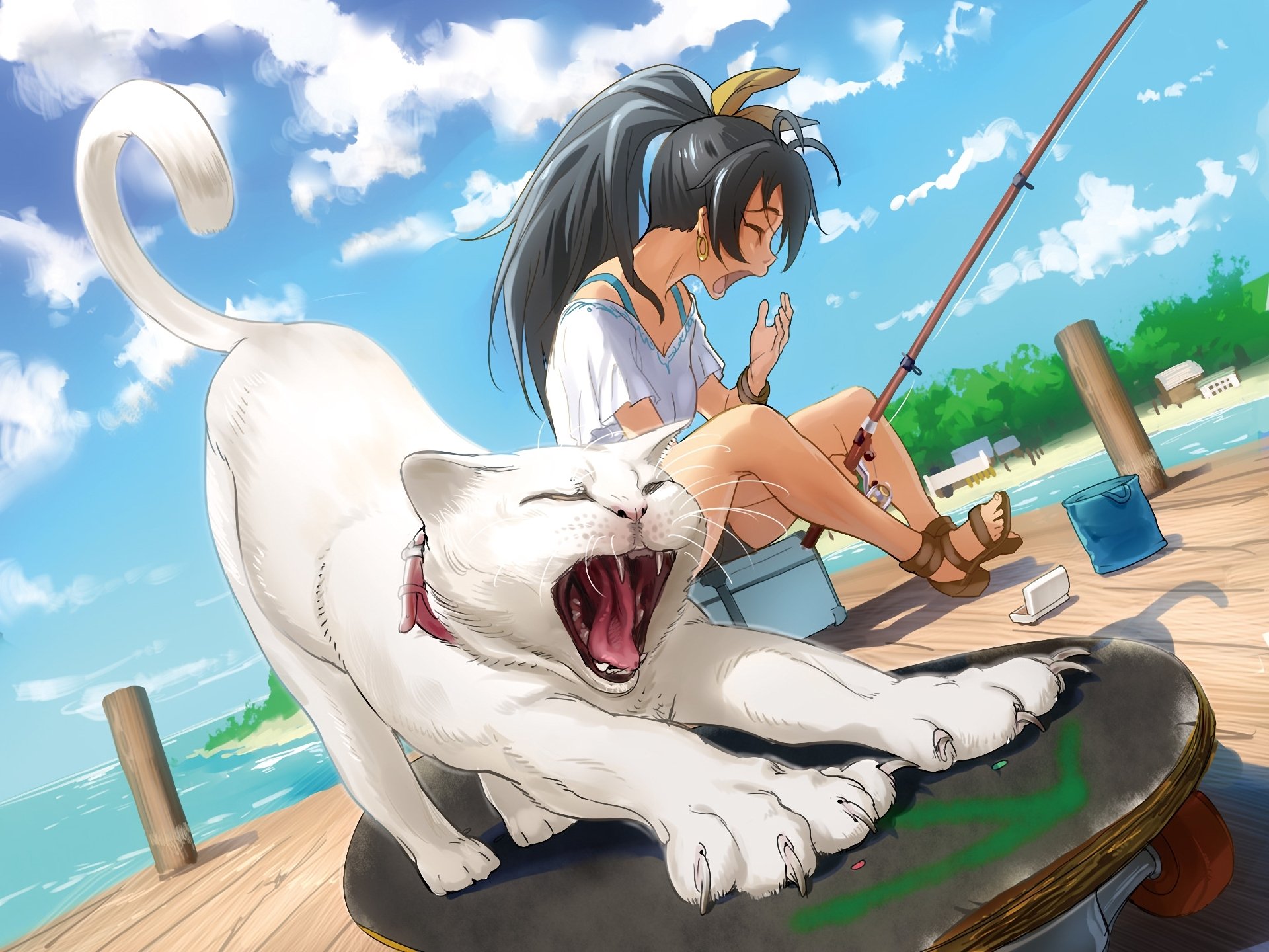 idolmaster ganaha hibiki girl cat yawns fishing stretches pier fishing rod