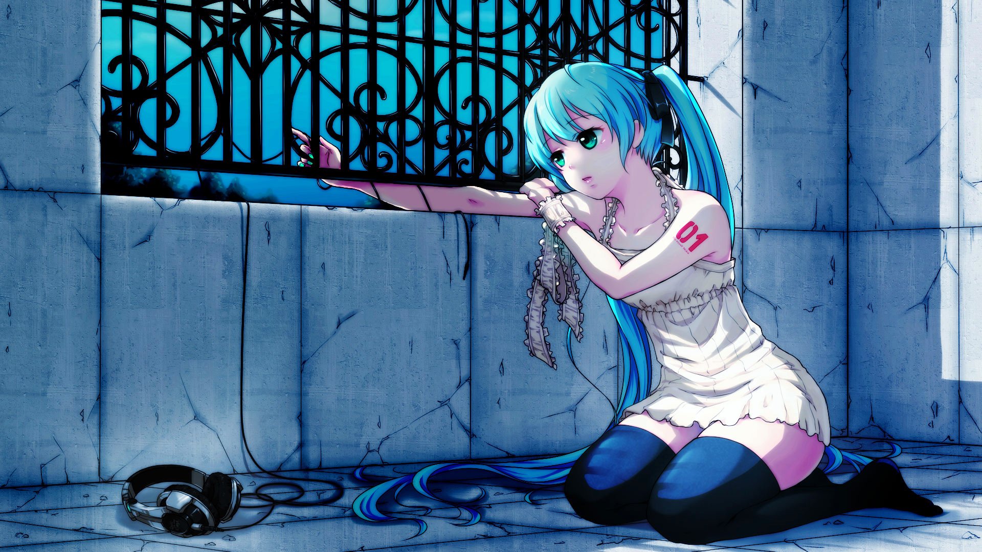 hatsune miku vocaloid headphones grille window stockings night wall sadne