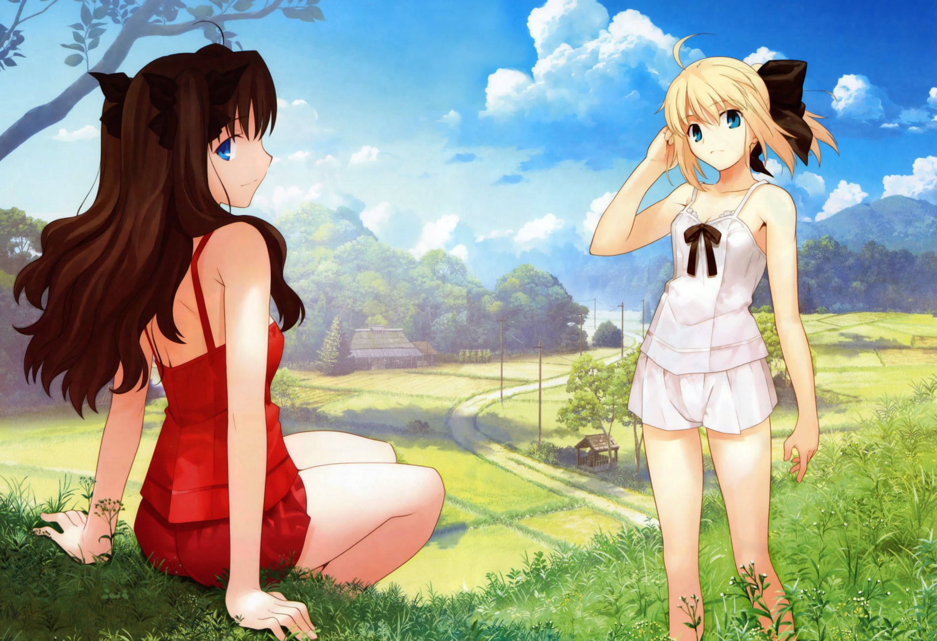 fate stay night sabre lily tosaka rin filles paysage collines route maisons