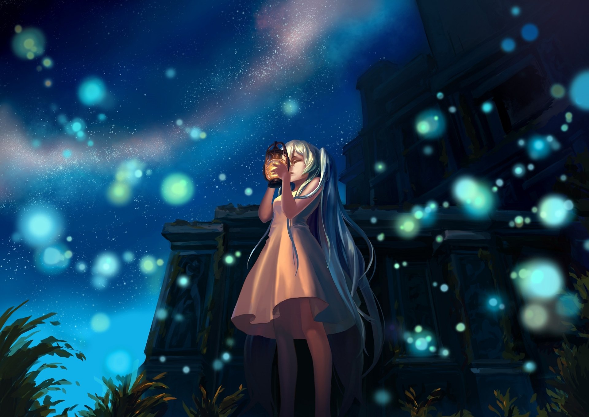 arte mizukai vocaloid hatsune miku vocaloid chica noche linterna luces edificio ruinas