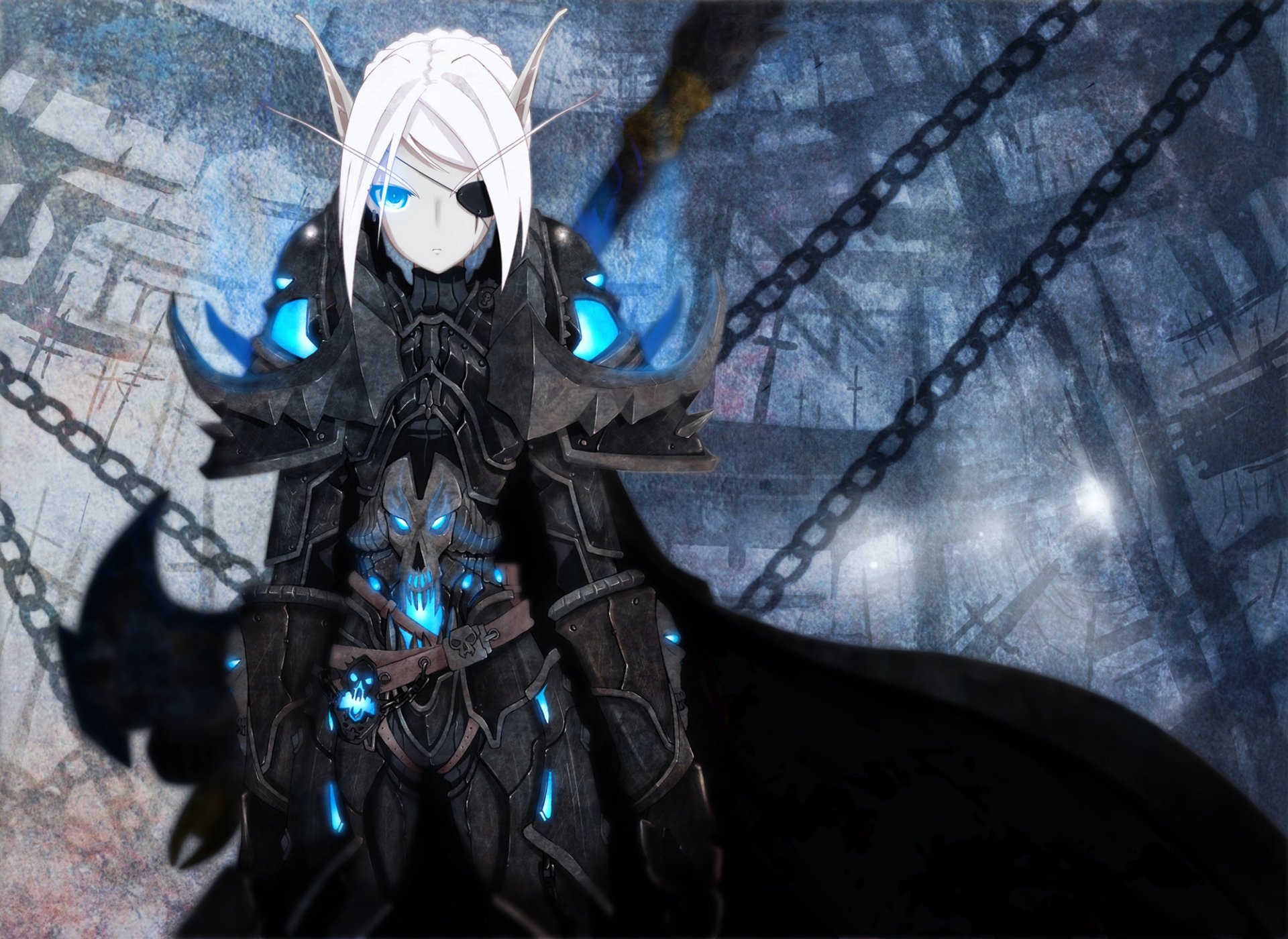 world of warcraft pointy ears circuit blue eyes eye patch coat armour short hair elf white hair girl