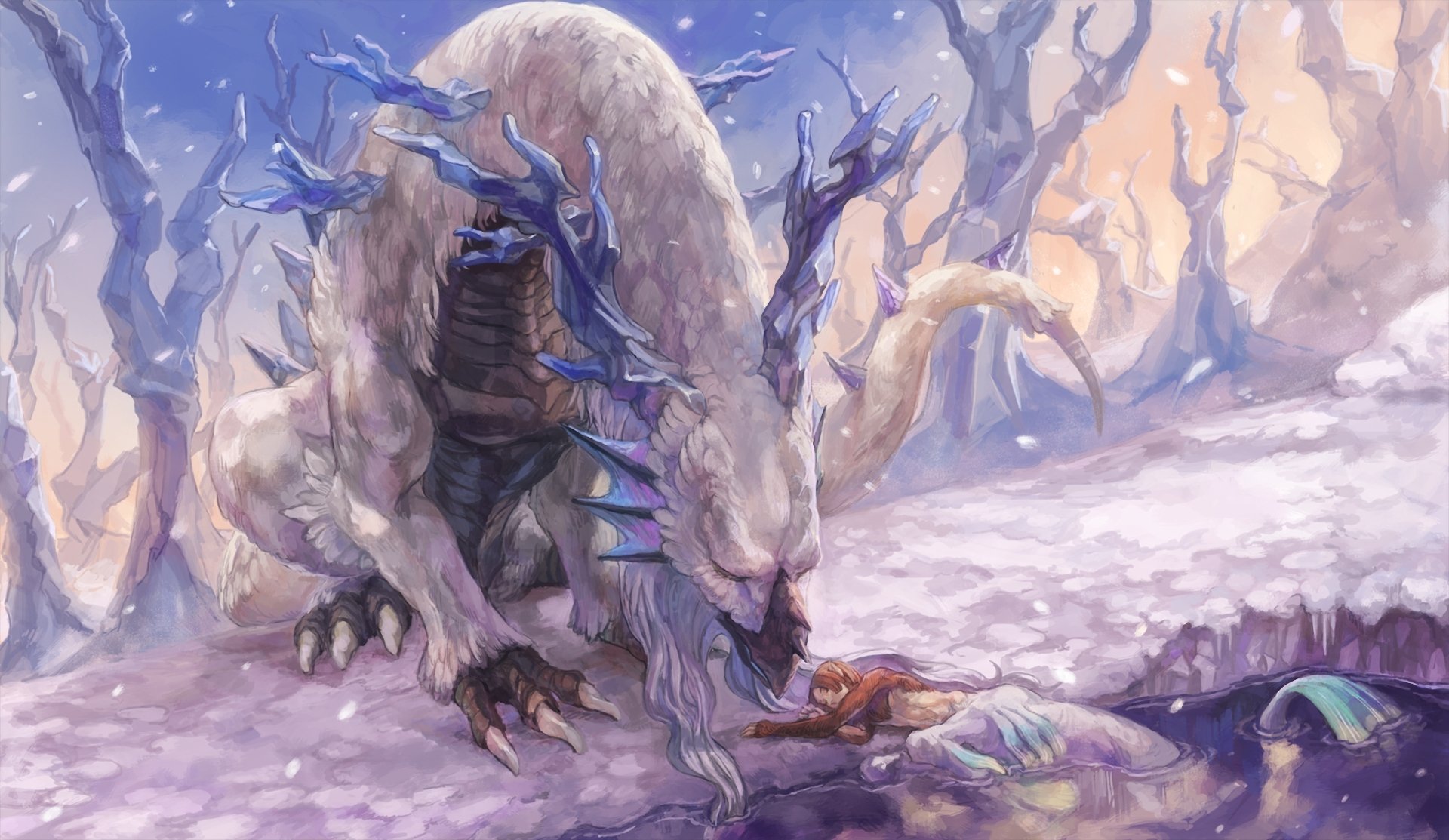 dragon elf lake snow forest white horn tail