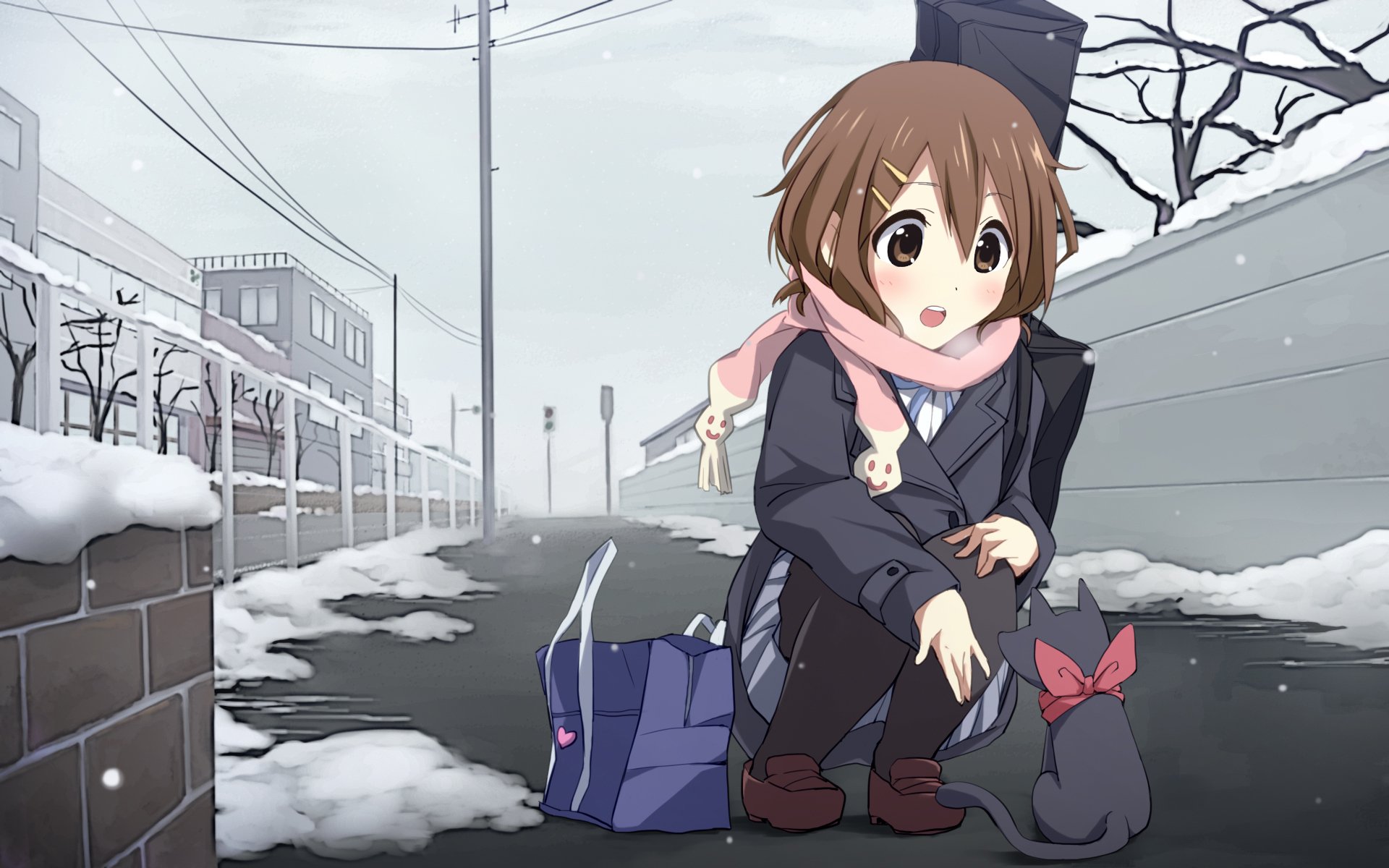 winter guitars snow road street house kindness scarf bow anime girl one cat hirasawa yui yui k-on