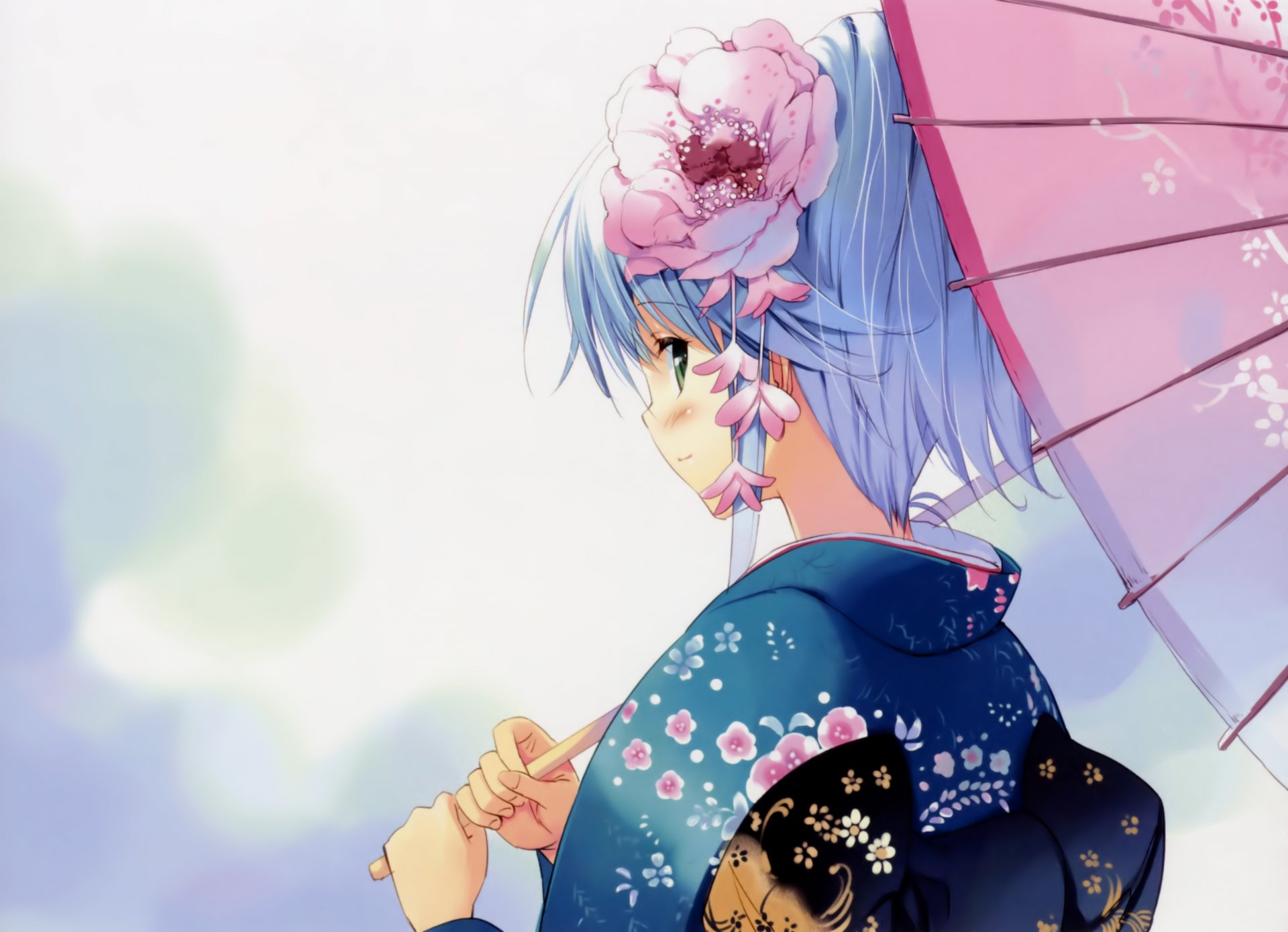 anime girl flower yukata umbrella view