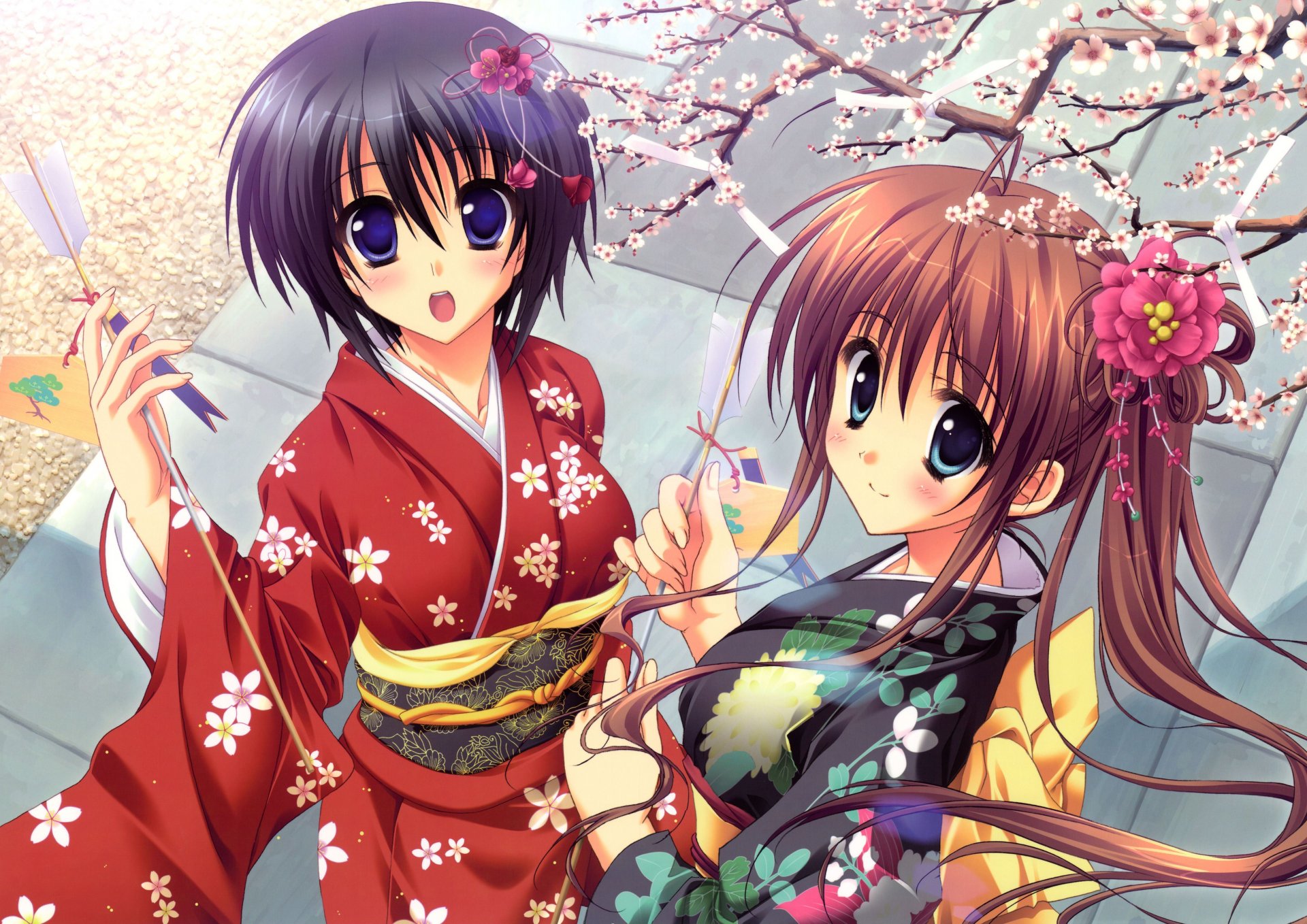 anime ragazze yukata albero vista akane-iro p somaru saka minato nagase