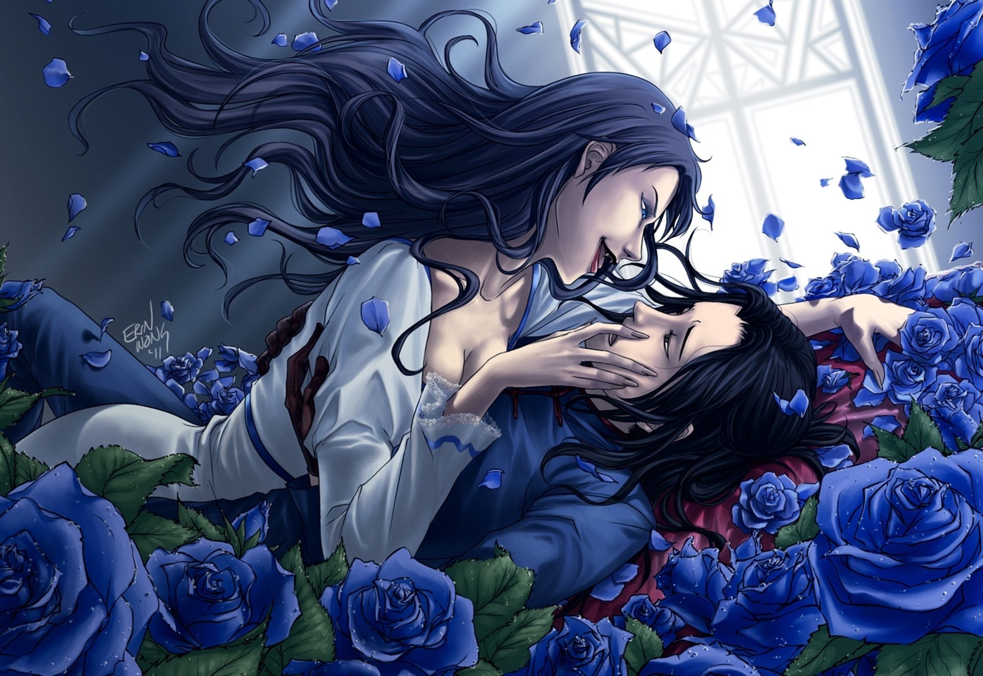 art nijuuni blood+ diva karl fei-ong guy girl fangs roses blue petals hug