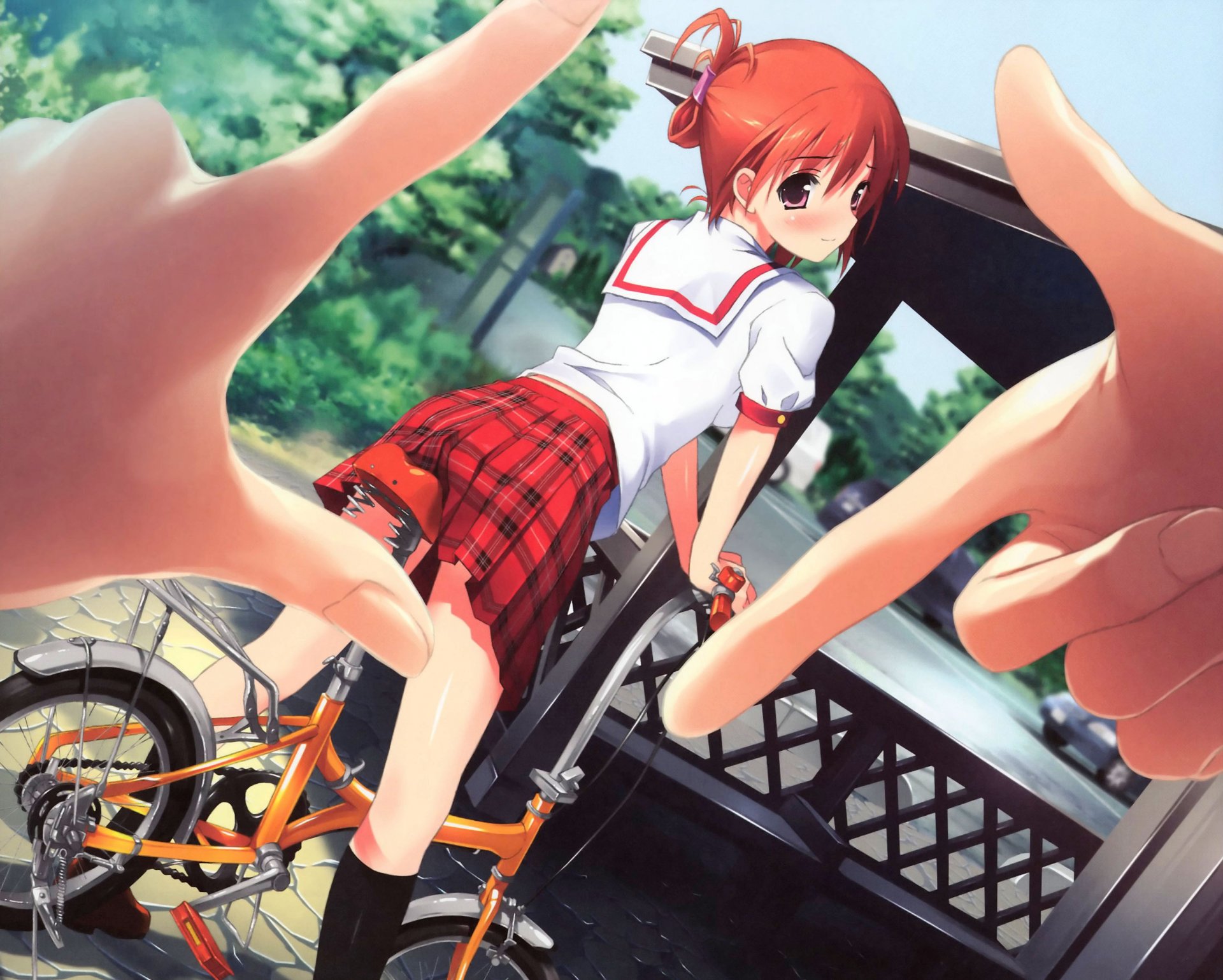 fingers girl bike school uniform pose